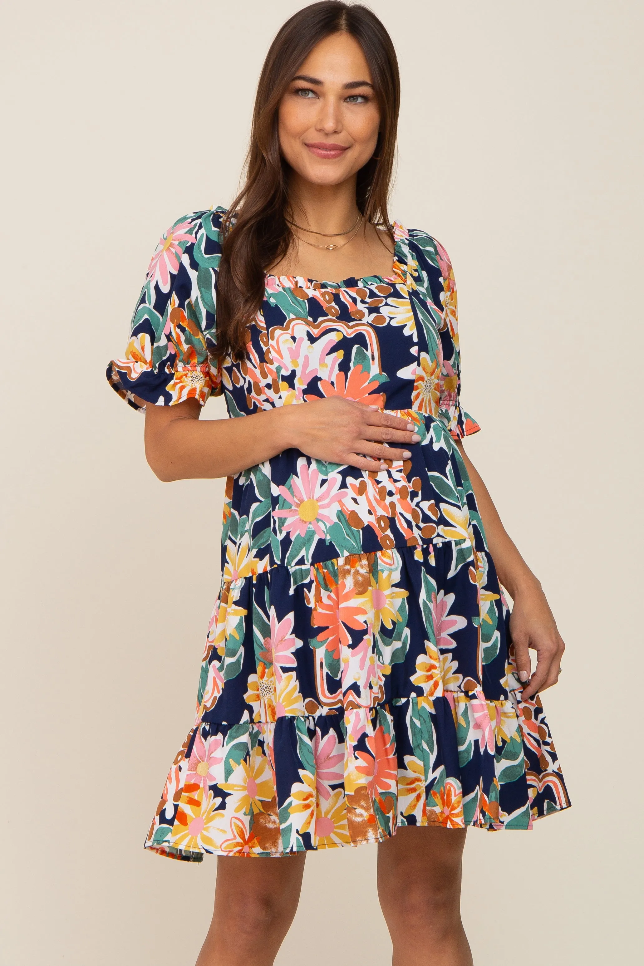 Navy Blue Floral Square Ruffle Neck Tiered Short Sleeve Maternity Dress sold by Pinkblush product image thumbnail 2