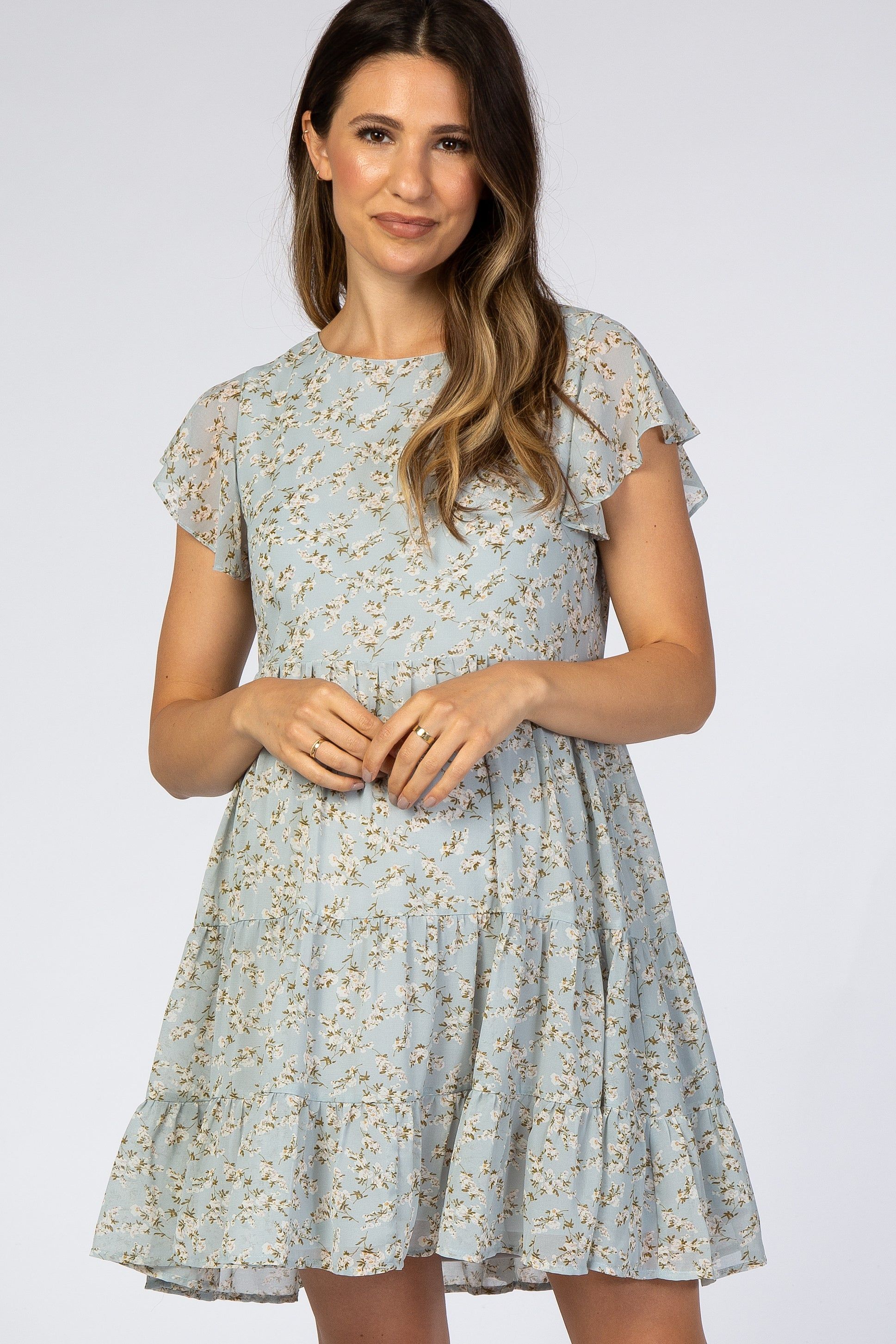 Blue Floral Chiffon Pleated Flutter Sleeve Maternity Dress sold by Pinkblush product image thumbnail 4