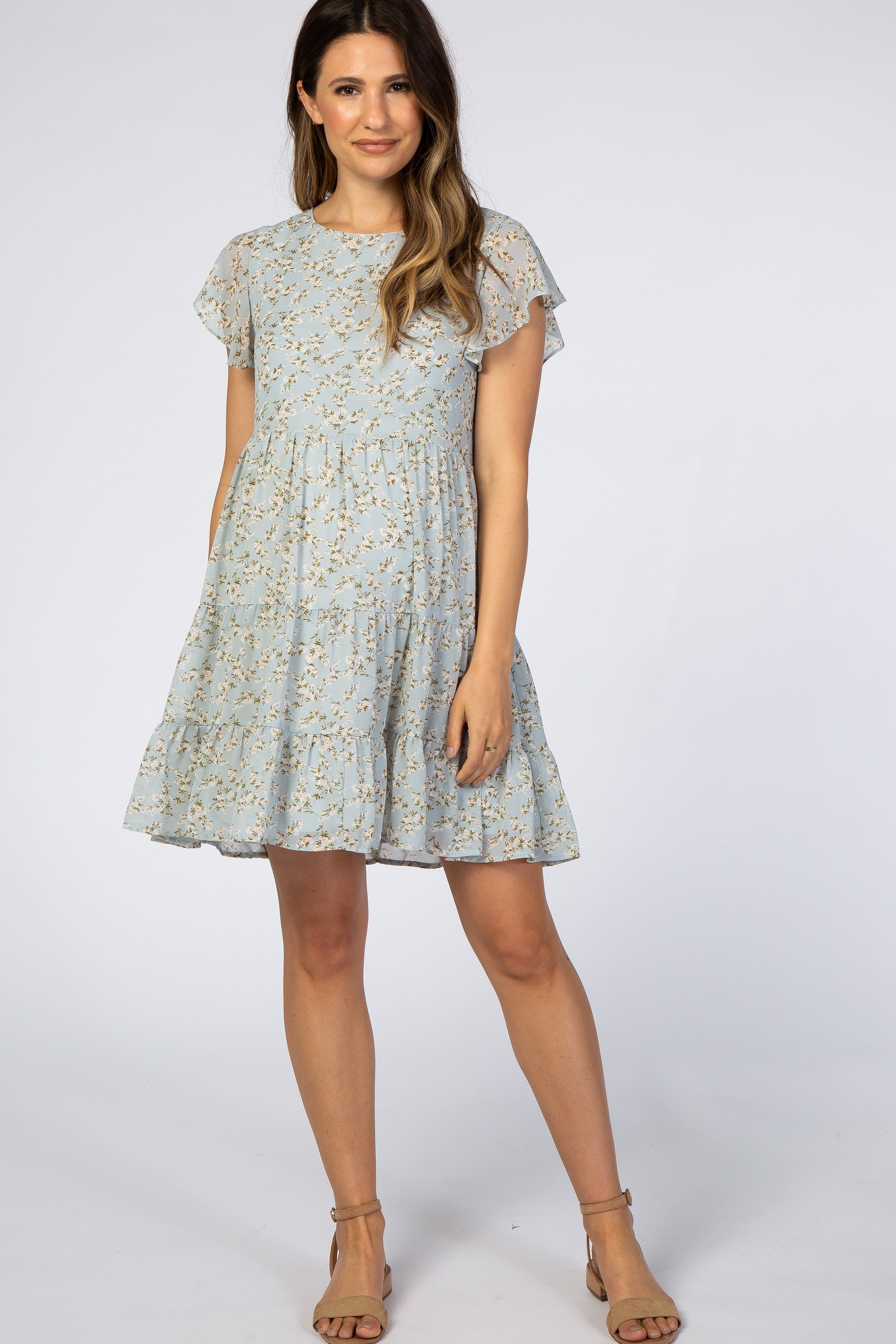 Blue Floral Chiffon Pleated Flutter Sleeve Maternity Dress sold by Pinkblush