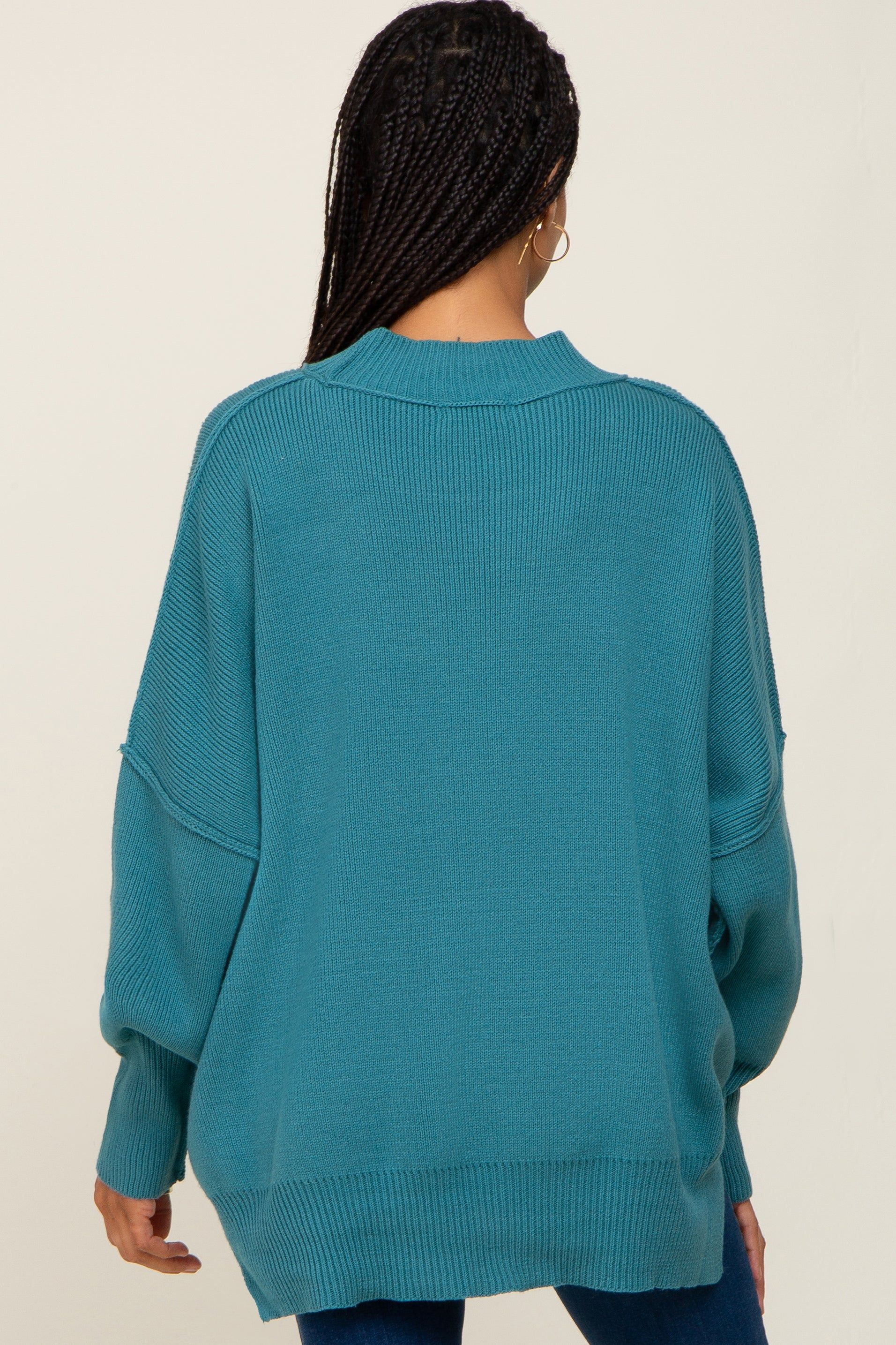 Teal Blue Mock Neck Exposed Seam Sweater sold by Pinkblush product image thumbnail 3