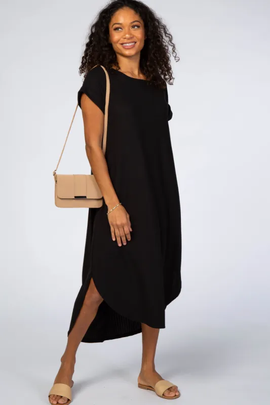 Black Ribbed Curved Hem Midi Dress sold by Pinkblush