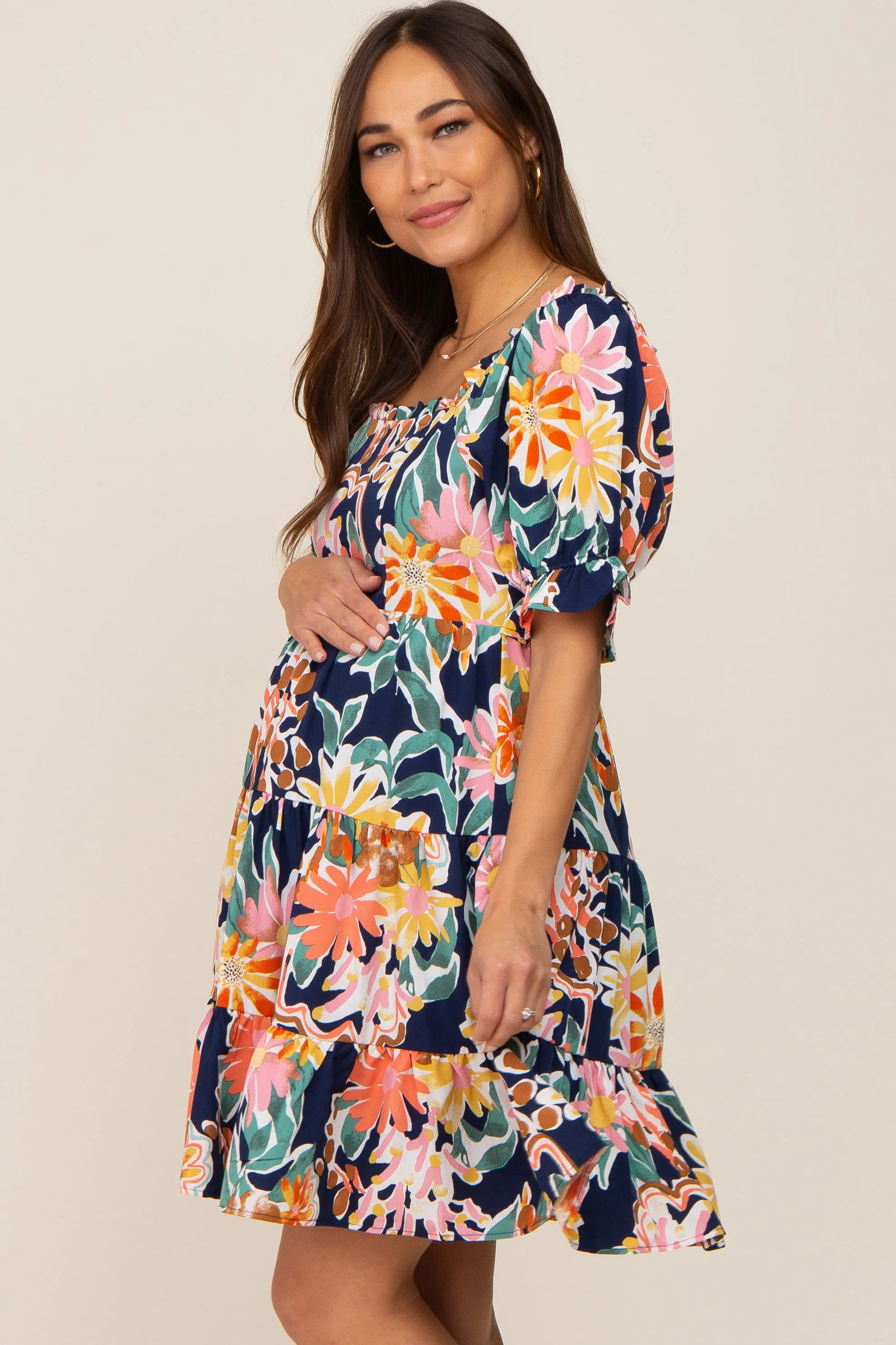 Navy Blue Floral Square Ruffle Neck Tiered Short Sleeve Maternity Dress sold by Pinkblush product image thumbnail 3