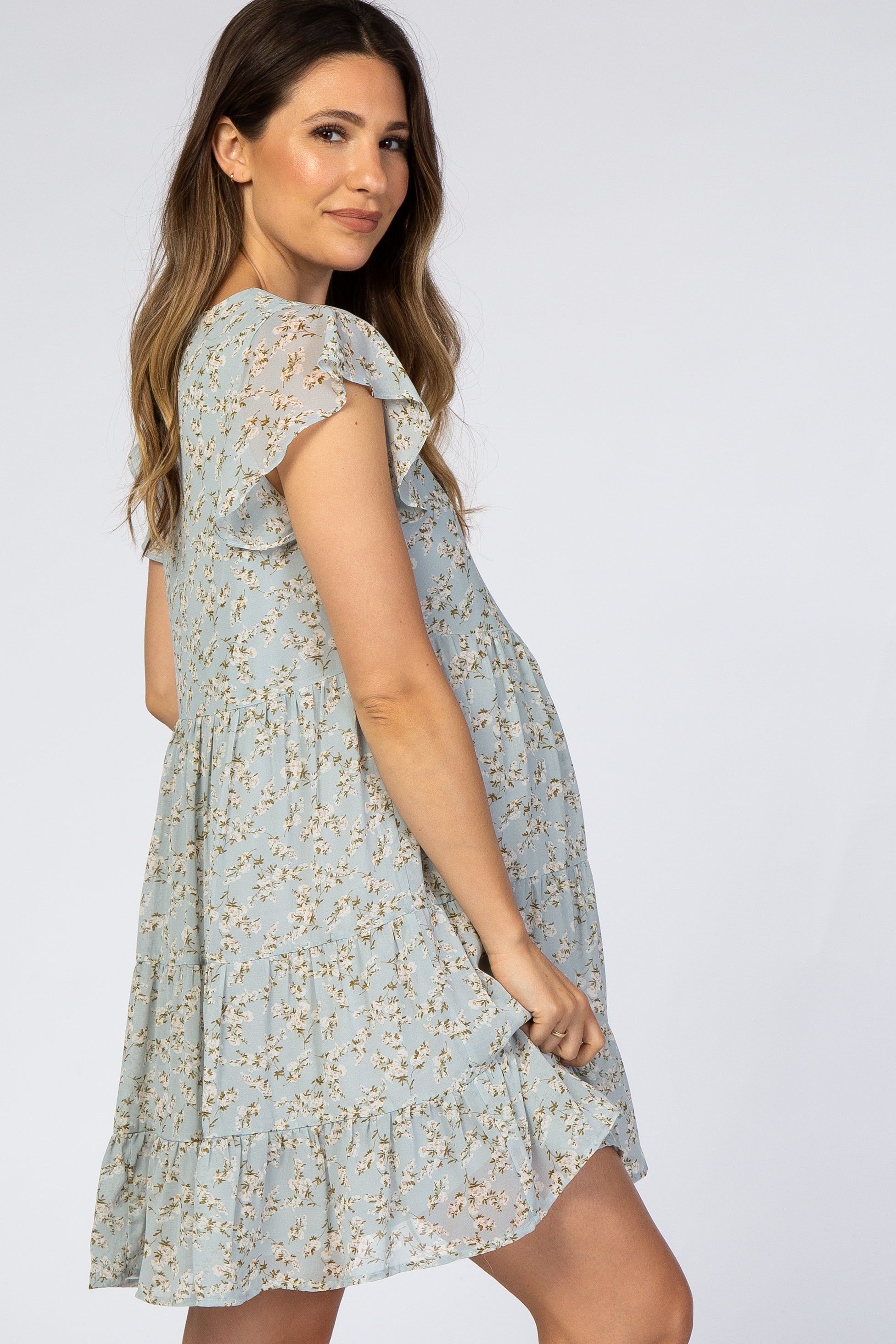 Blue Floral Chiffon Pleated Flutter Sleeve Maternity Dress sold by Pinkblush product image thumbnail 2