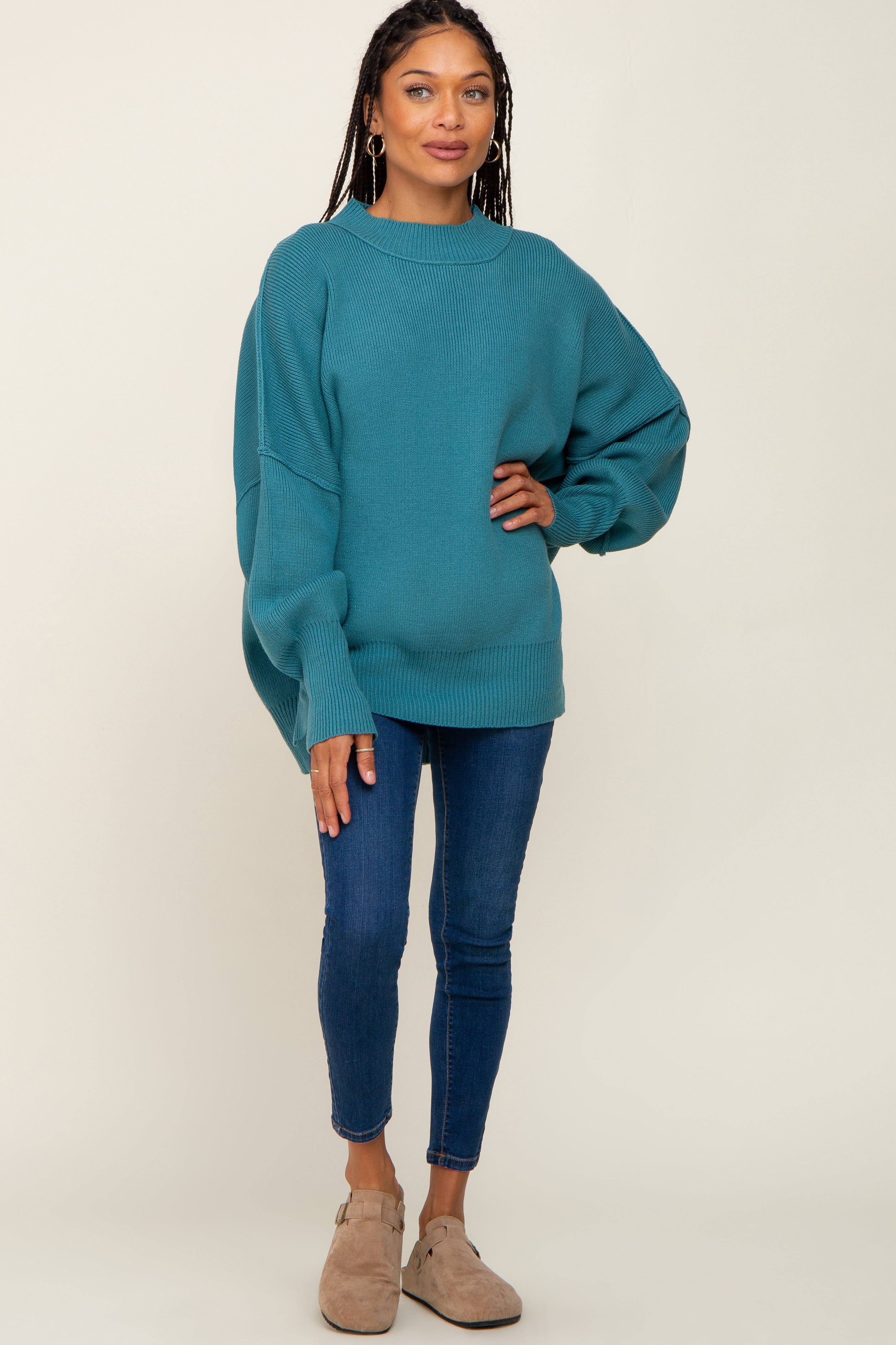 Teal Blue Mock Neck Exposed Seam Sweater sold by Pinkblush product image thumbnail 4