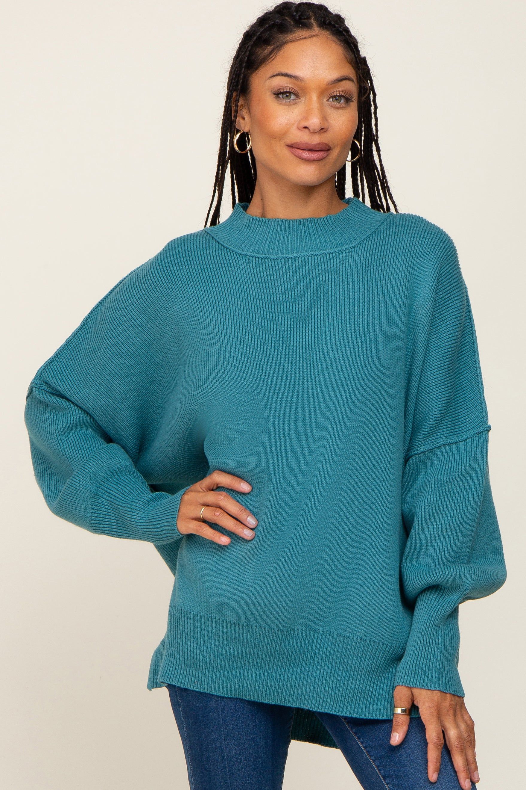 Teal Blue Mock Neck Exposed Seam Sweater sold by Pinkblush