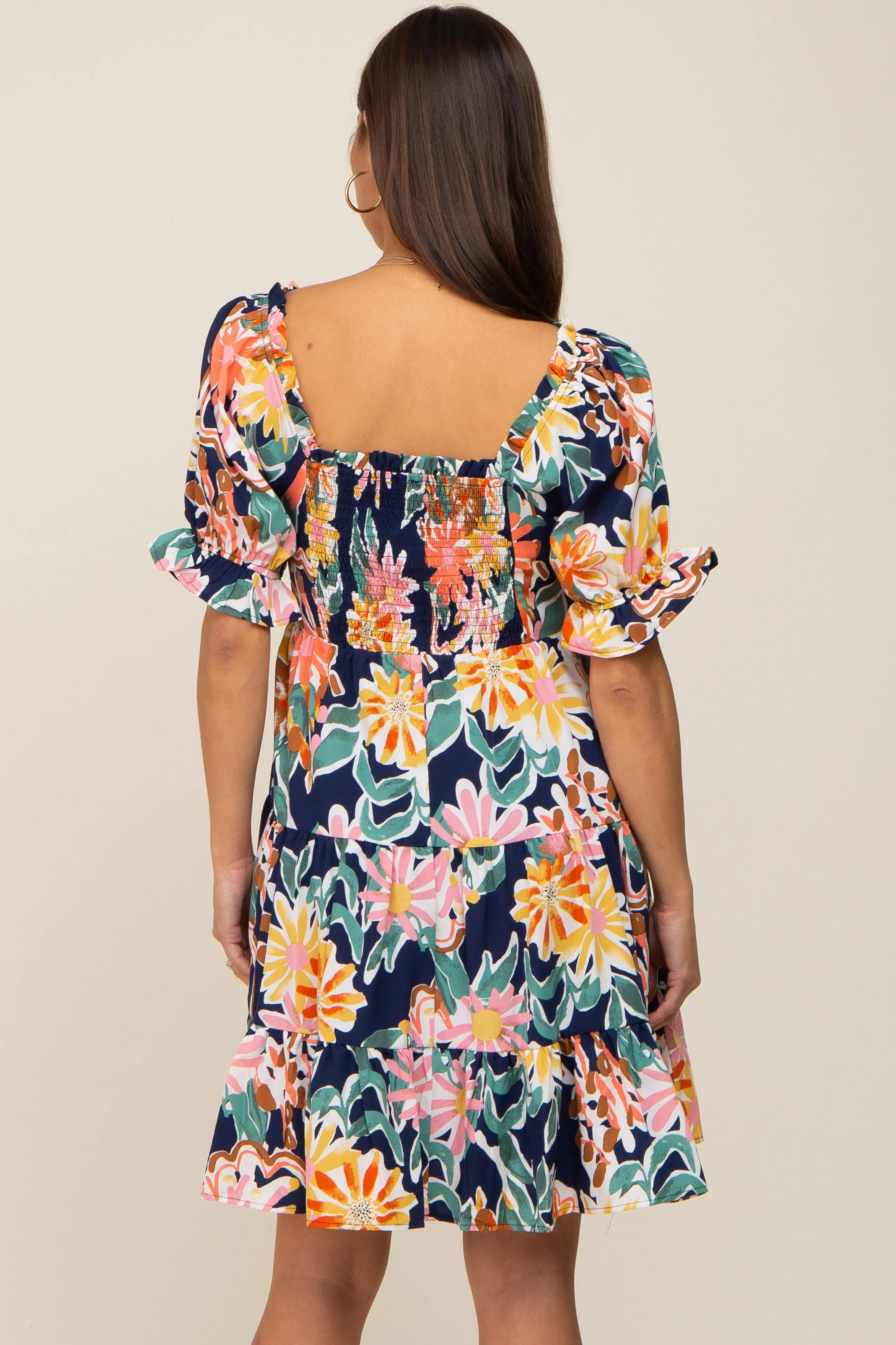 Navy Blue Floral Square Ruffle Neck Tiered Short Sleeve Maternity Dress sold by Pinkblush product image thumbnail 4