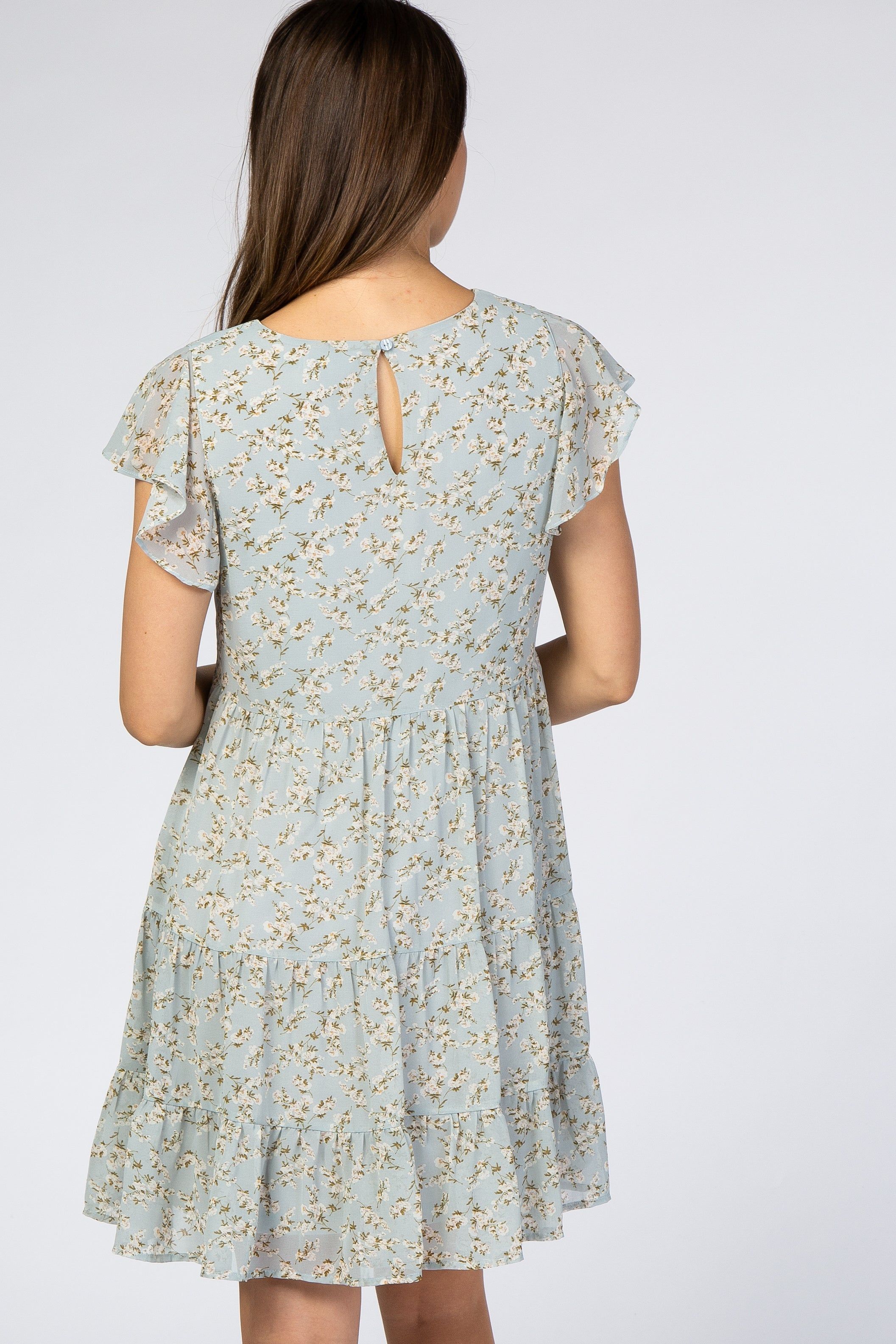 Blue Floral Chiffon Pleated Flutter Sleeve Maternity Dress sold by Pinkblush product image thumbnail 3