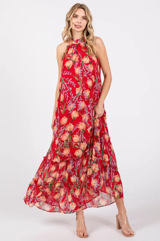 Red Floral Halter Maxi Dress sold by Pinkblush