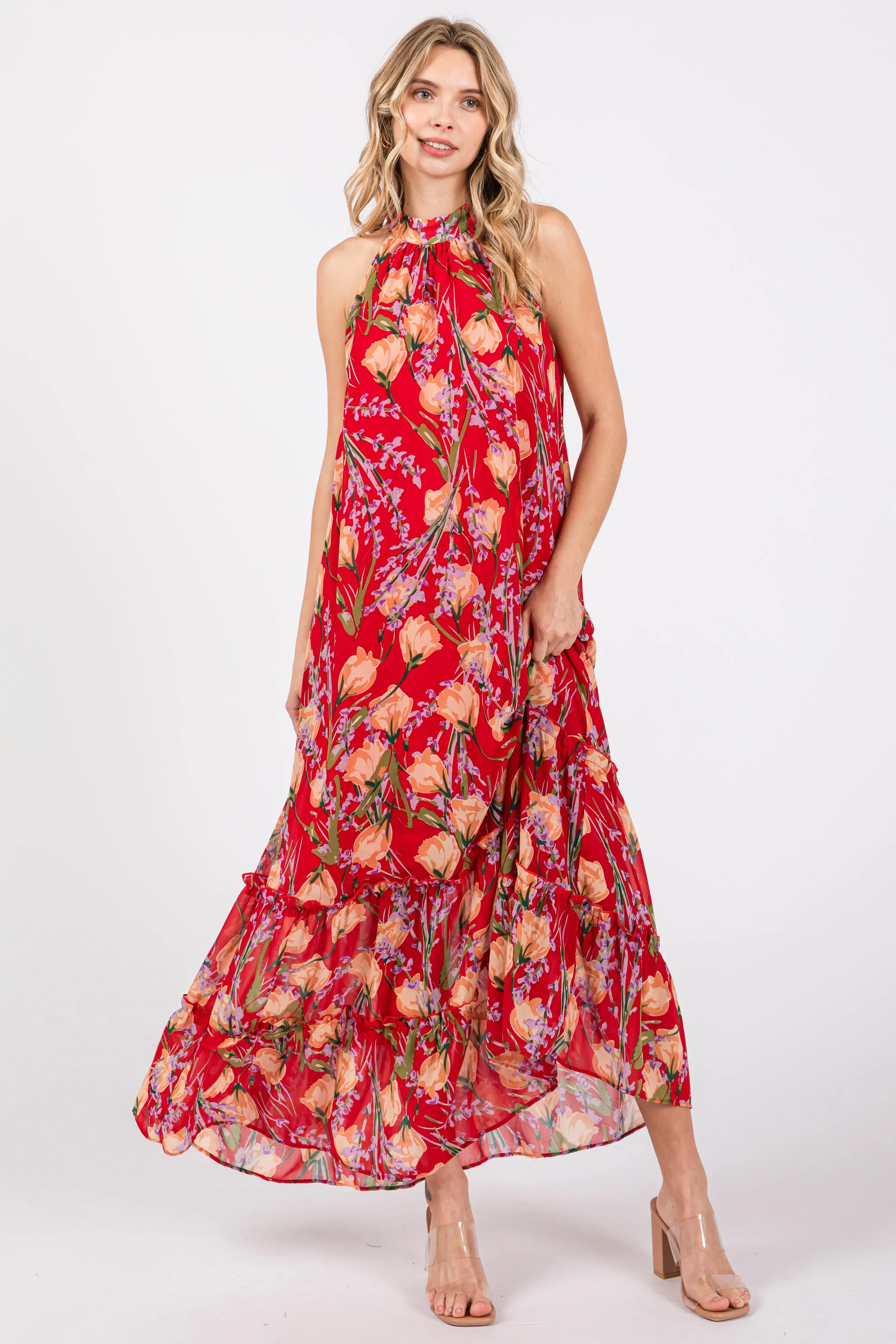 Red Floral Halter Maxi Dress sold by Pinkblush