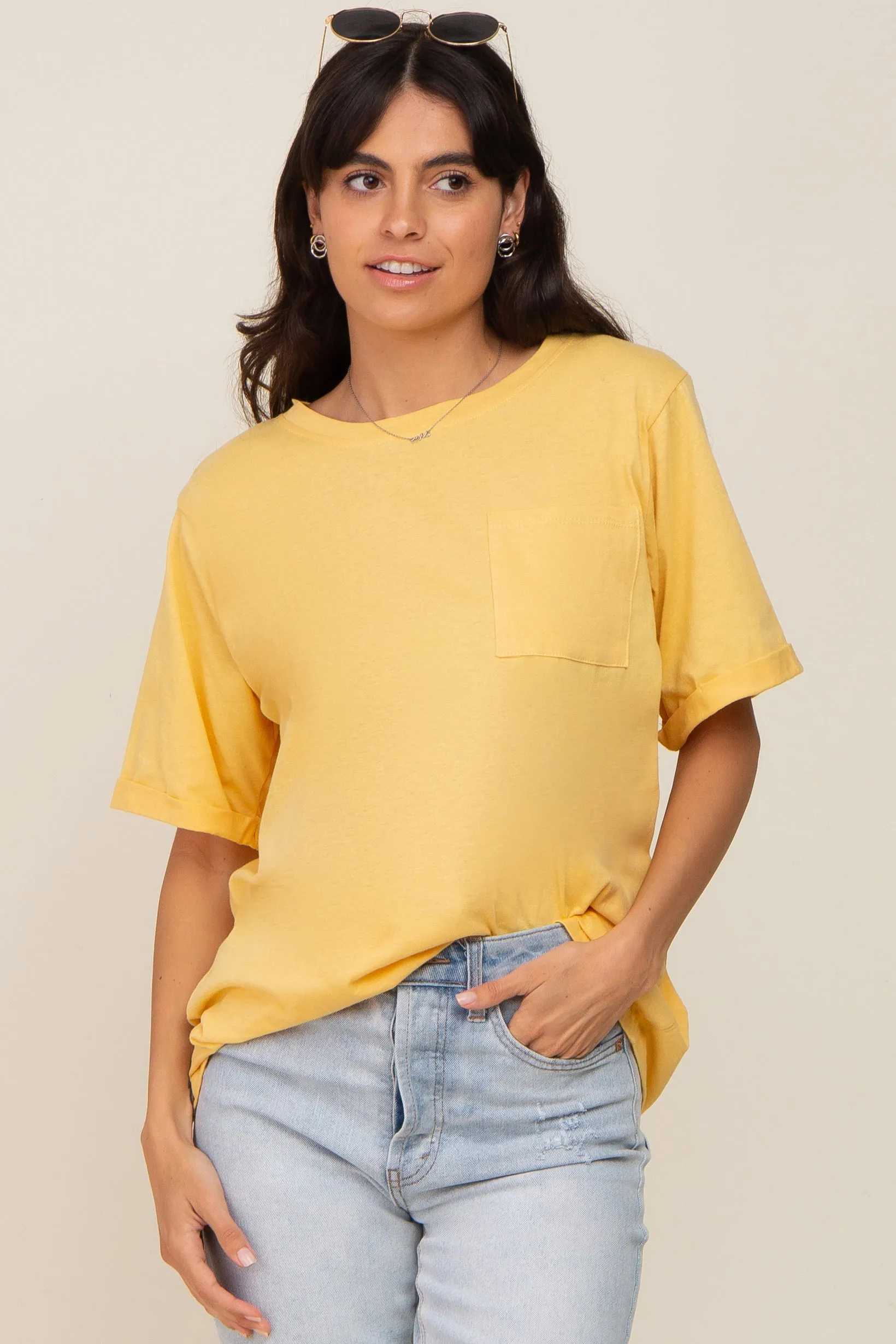 Yellow Oversized Pocket Front Short Sleeve Maternity Top sold by Pinkblush product image thumbnail 5