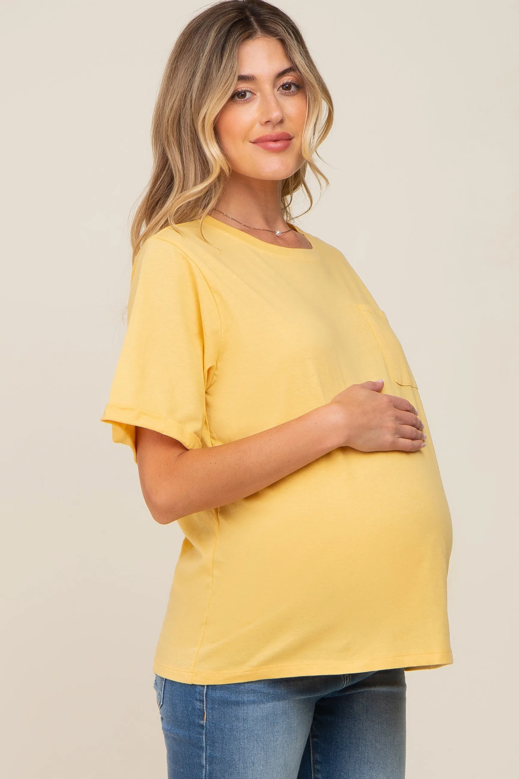 Yellow Oversized Pocket Front Short Sleeve Maternity Top sold by Pinkblush product image thumbnail 2