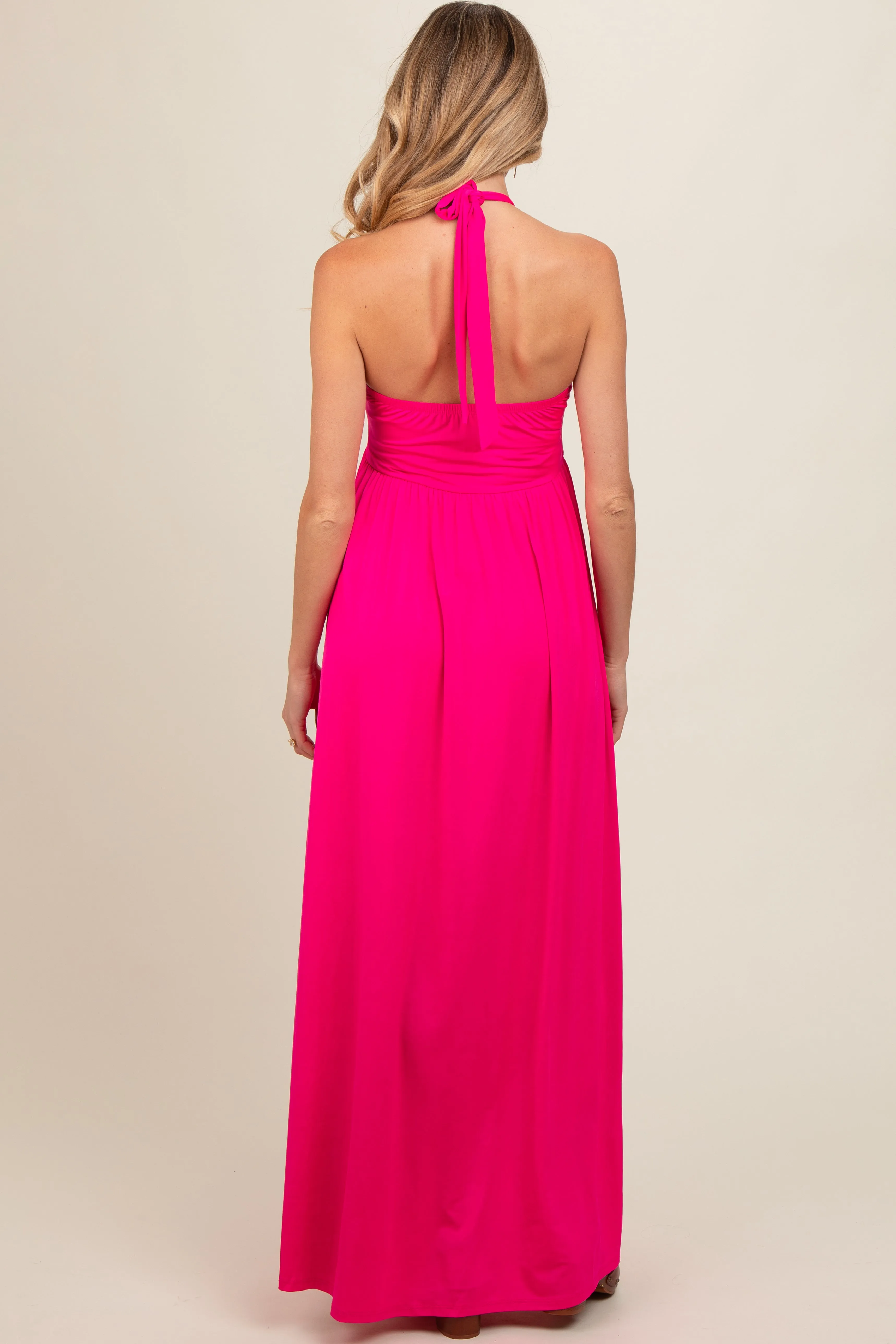 Fuchsia Front Knot Halter Maternity Maxi Dress sold by Pinkblush product image thumbnail 3