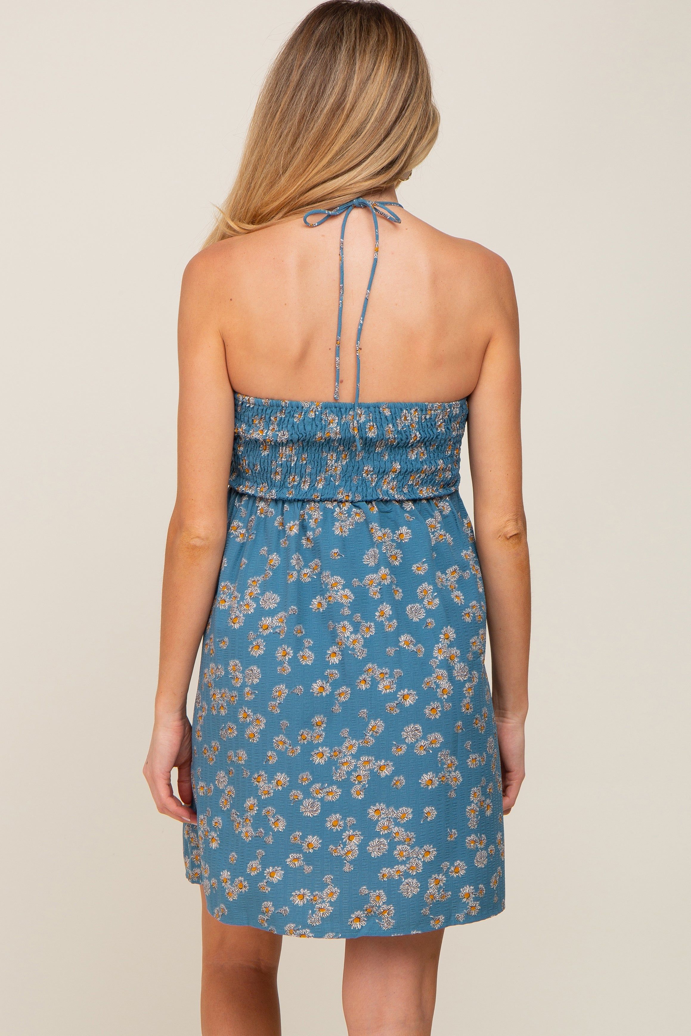 Blue Floral Halter Front Cinch Maternity Dress sold by Pinkblush product image thumbnail 4