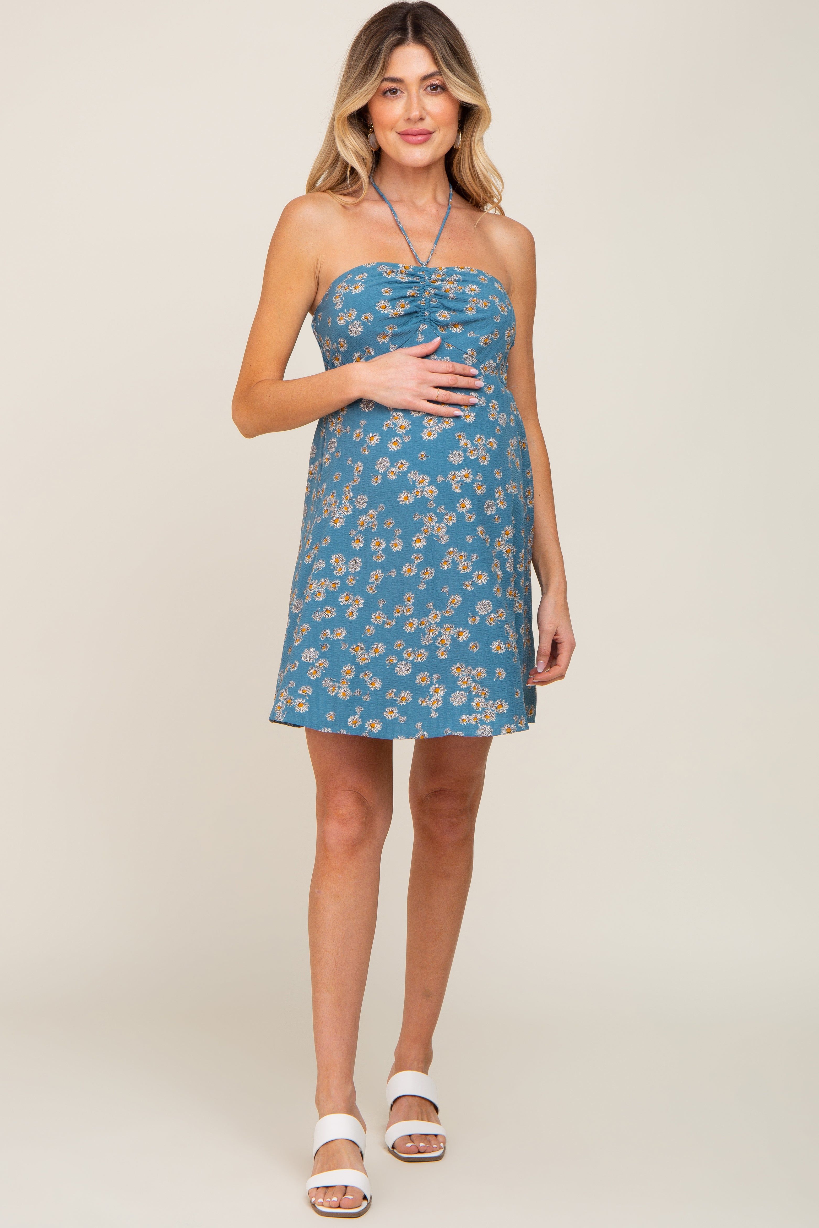 Blue Floral Halter Front Cinch Maternity Dress sold by Pinkblush