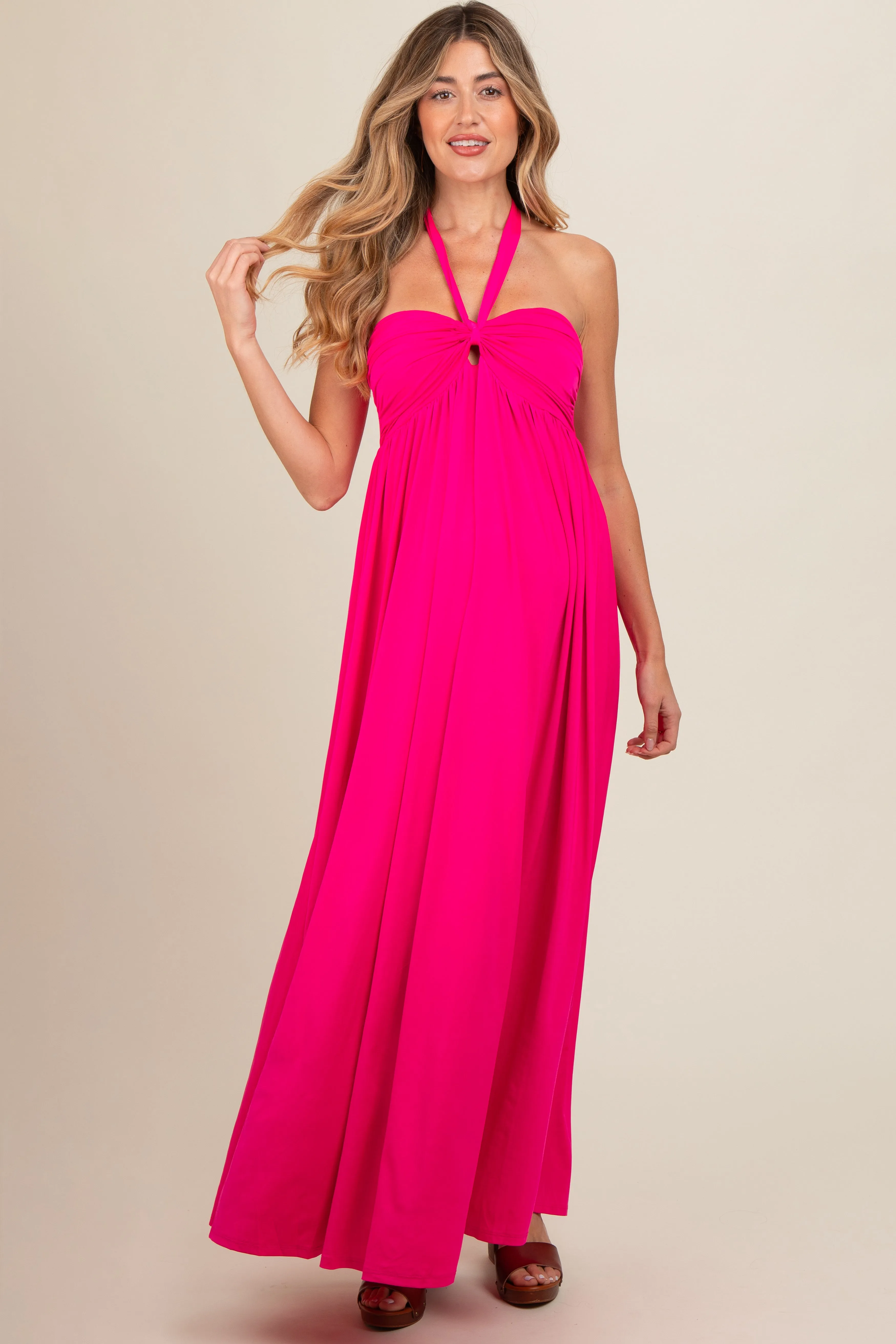 Fuchsia Front Knot Halter Maternity Maxi Dress sold by Pinkblush