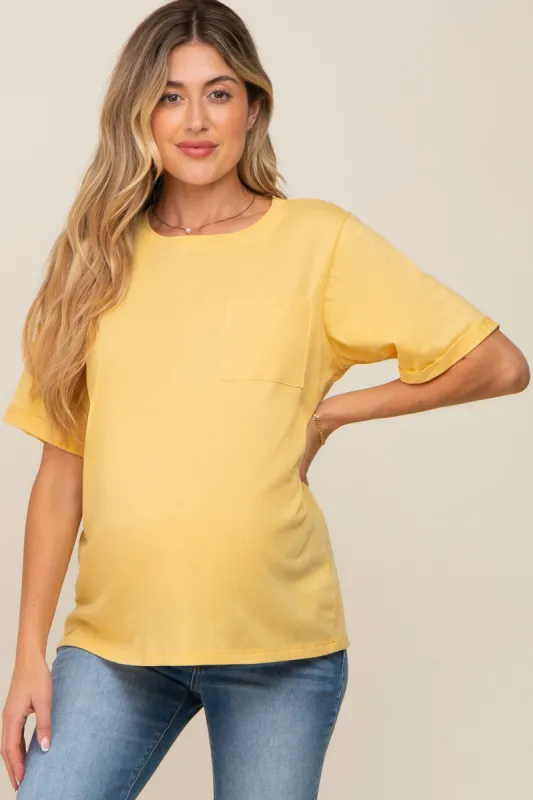Yellow Oversized Pocket Front Short Sleeve Maternity Top made by Pinkblush