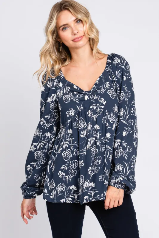 Navy Floral Sweetheart Neck Long Sleeve Top sold by Pinkblush