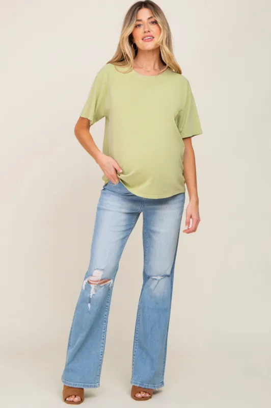 Blue Distressed Exposed Knee Maternity Flare Jeans made by Pinkblush