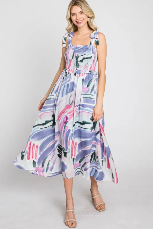 Lavender Multi-Colored Stroke Print Smocked Midi Dress sold by Pinkblush