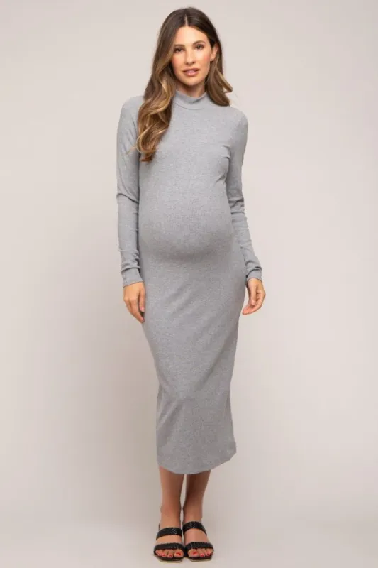 Heather Grey Ribbed Mock Neck Maternity Midi Dress sold by Pinkblush