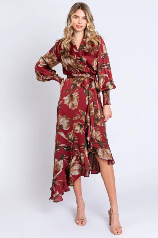 Burgundy Satin Asymmetrical Flounce Trim Midi Dress sold by Pinkblush