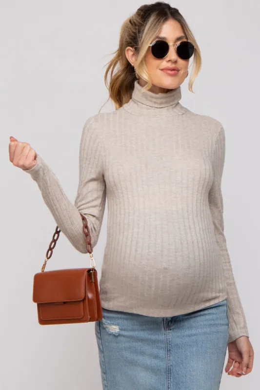 Beige Ribbed Long Sleeve Maternity Turtle Neck Top sold by Pinkblush