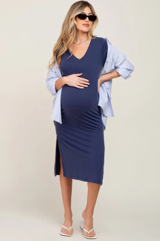 Navy V-Neck Short Sleeve Side Slit Maternity Midi Dress sold by Pinkblush