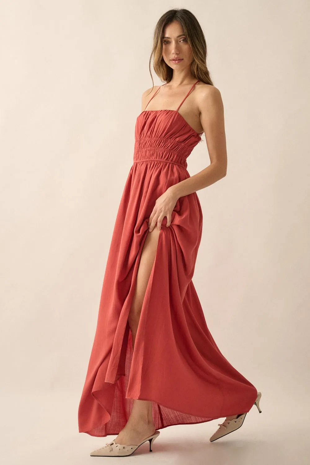 Rust Solid Gather-Bodice Straight-Neck Maxi Dress sold by Pinkblush product image thumbnail 4