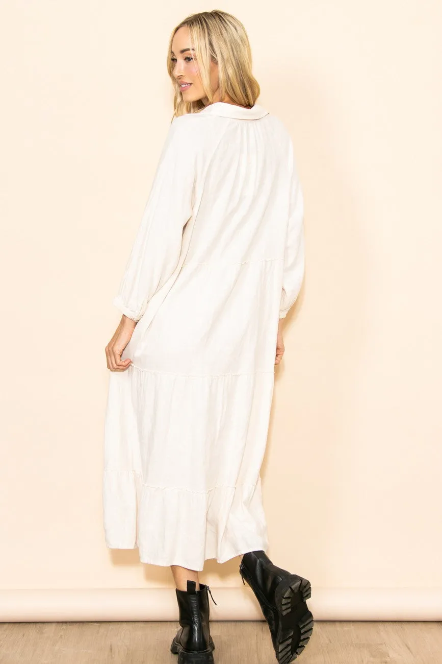 Ivory Button Front V-Neck Ruffle Tiered Midi Dress sold by Pinkblush product image thumbnail 4