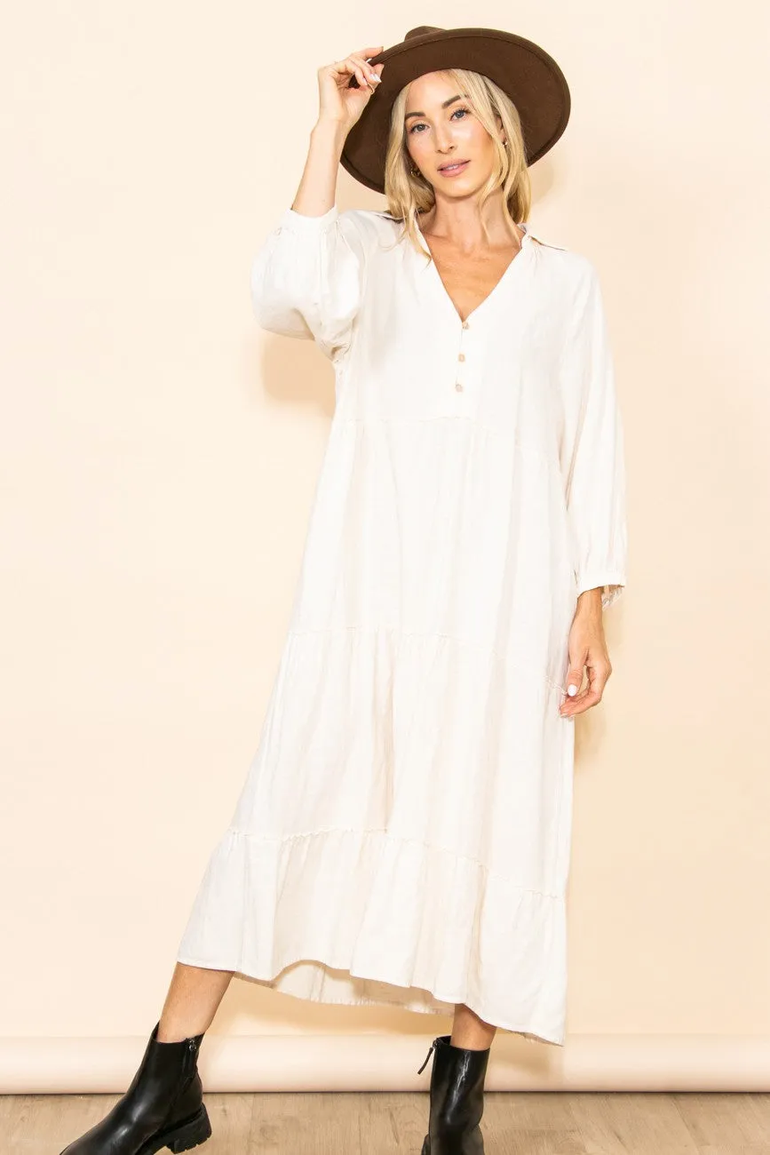 Ivory Button Front V-Neck Ruffle Tiered Midi Dress sold by Pinkblush
