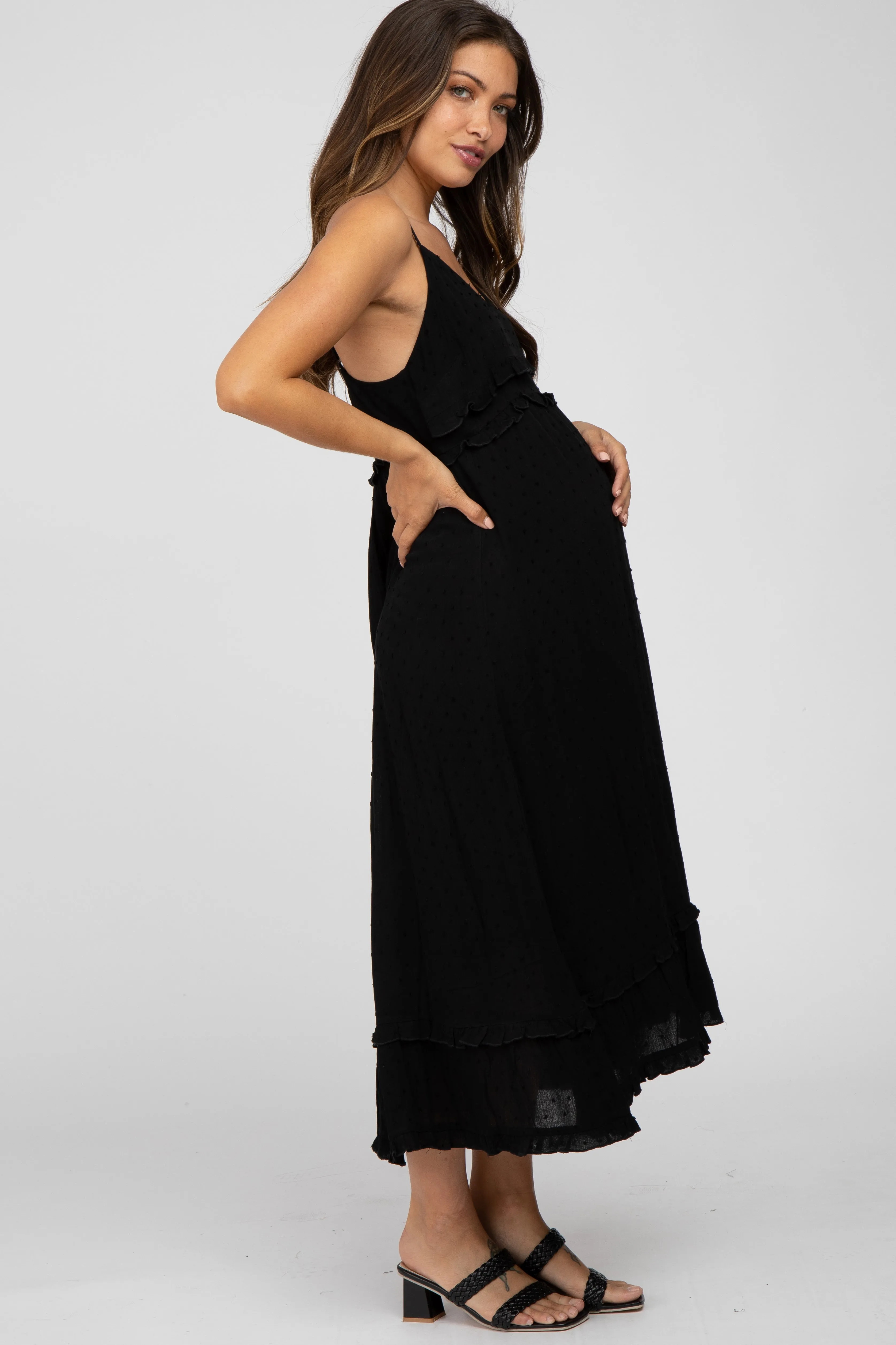 Black Swiss Dot Ruffle Accent Maternity Maxi Dress sold by Pinkblush product image thumbnail 2