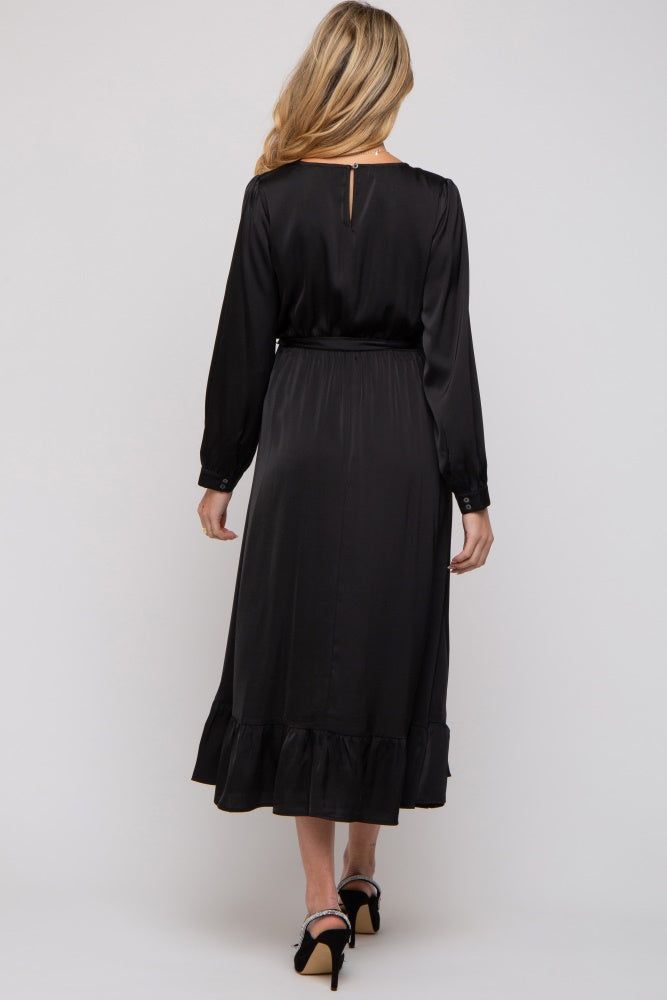Black Satin Belted Waist Maternity Midi Dress sold by Pinkblush product image thumbnail 3