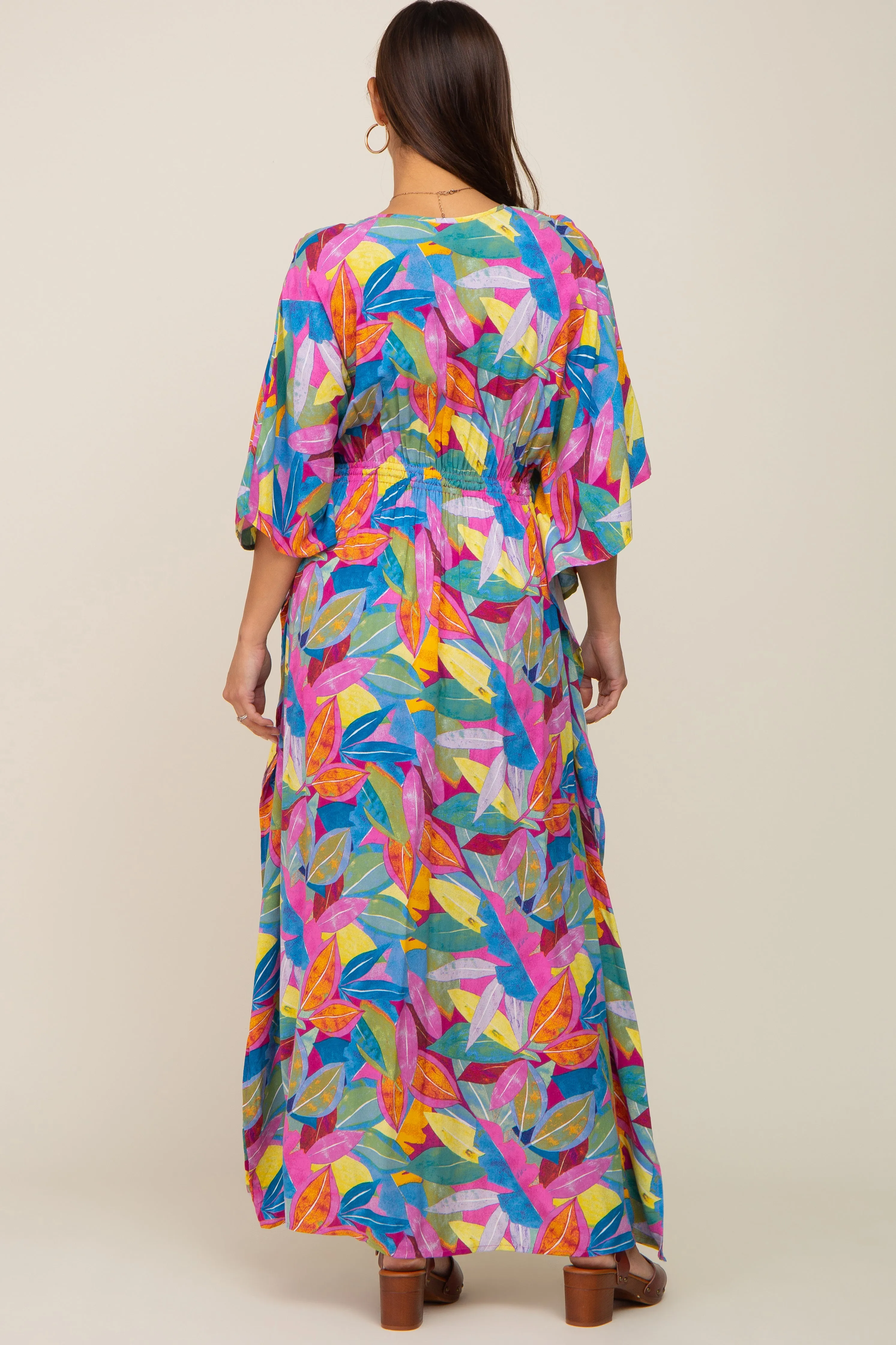 Magenta Multicolor Leaf Pint Tassel Tie Maternity Maxi Dress sold by Pinkblush product image thumbnail 3