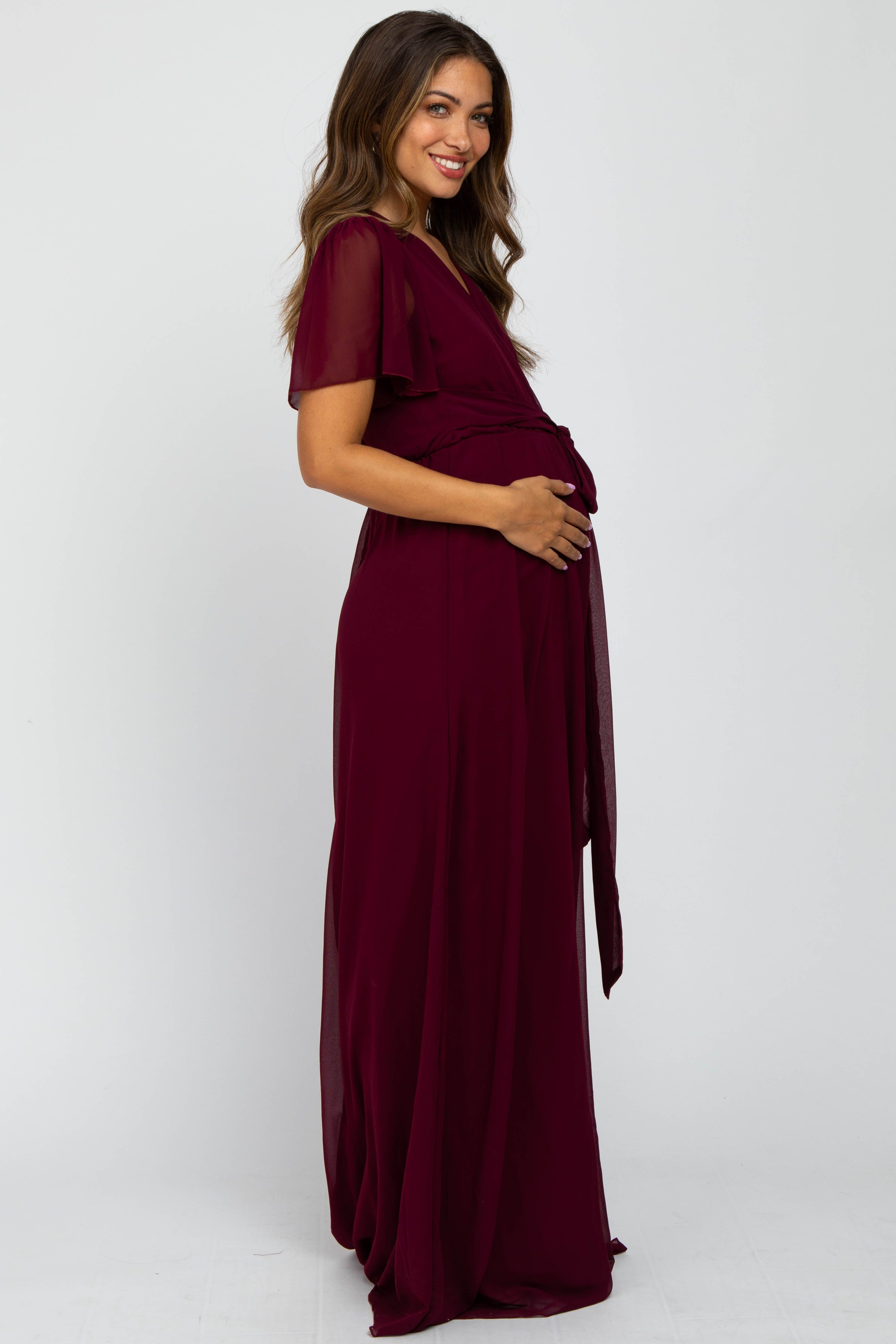 Burgundy Chiffon Short Sleeve Maternity Maxi Dress sold by Pinkblush product image thumbnail 2