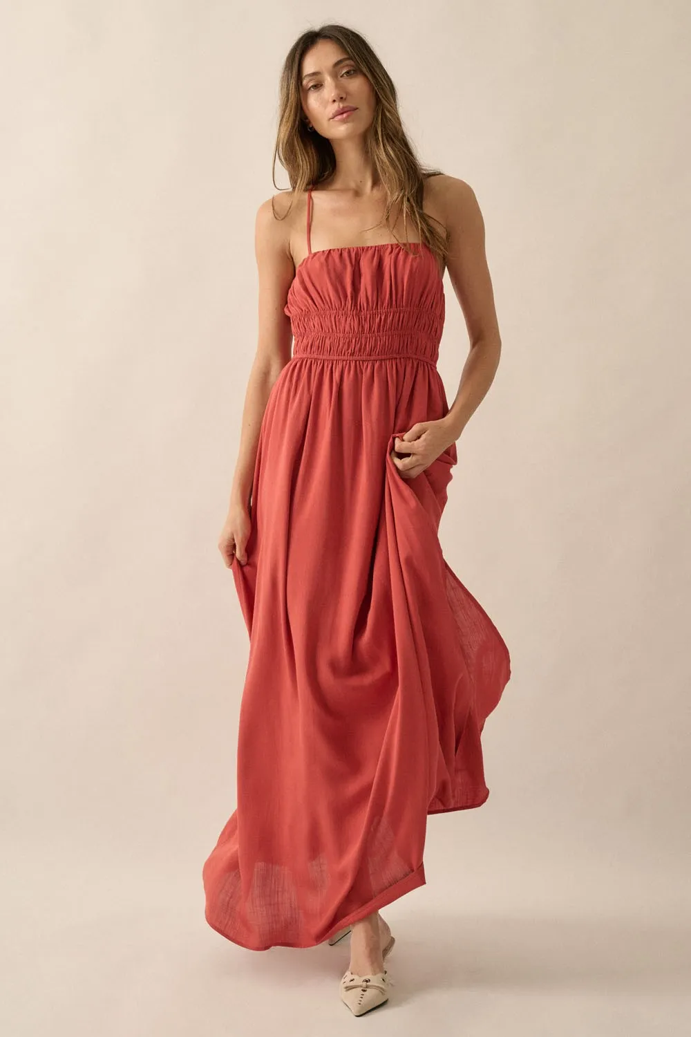 Rust Solid Gather-Bodice Straight-Neck Maxi Dress sold by Pinkblush product image thumbnail 2