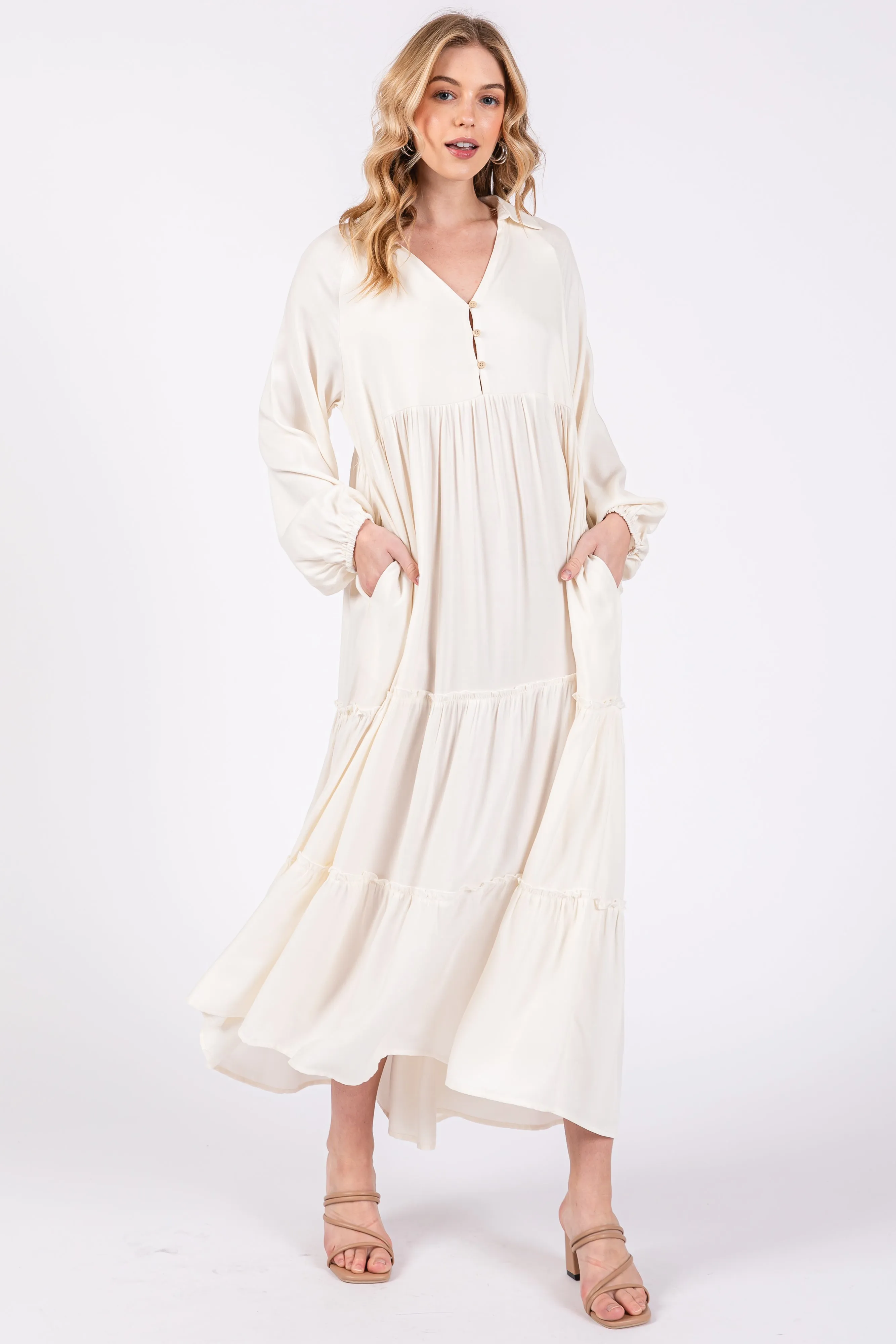 Ivory Button Front V-Neck Ruffle Tiered Midi Dress sold by Pinkblush product image thumbnail 5