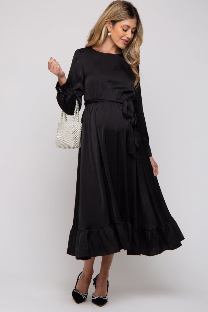 Black Satin Belted Waist Maternity Midi Dress sold by Pinkblush product image thumbnail 4
