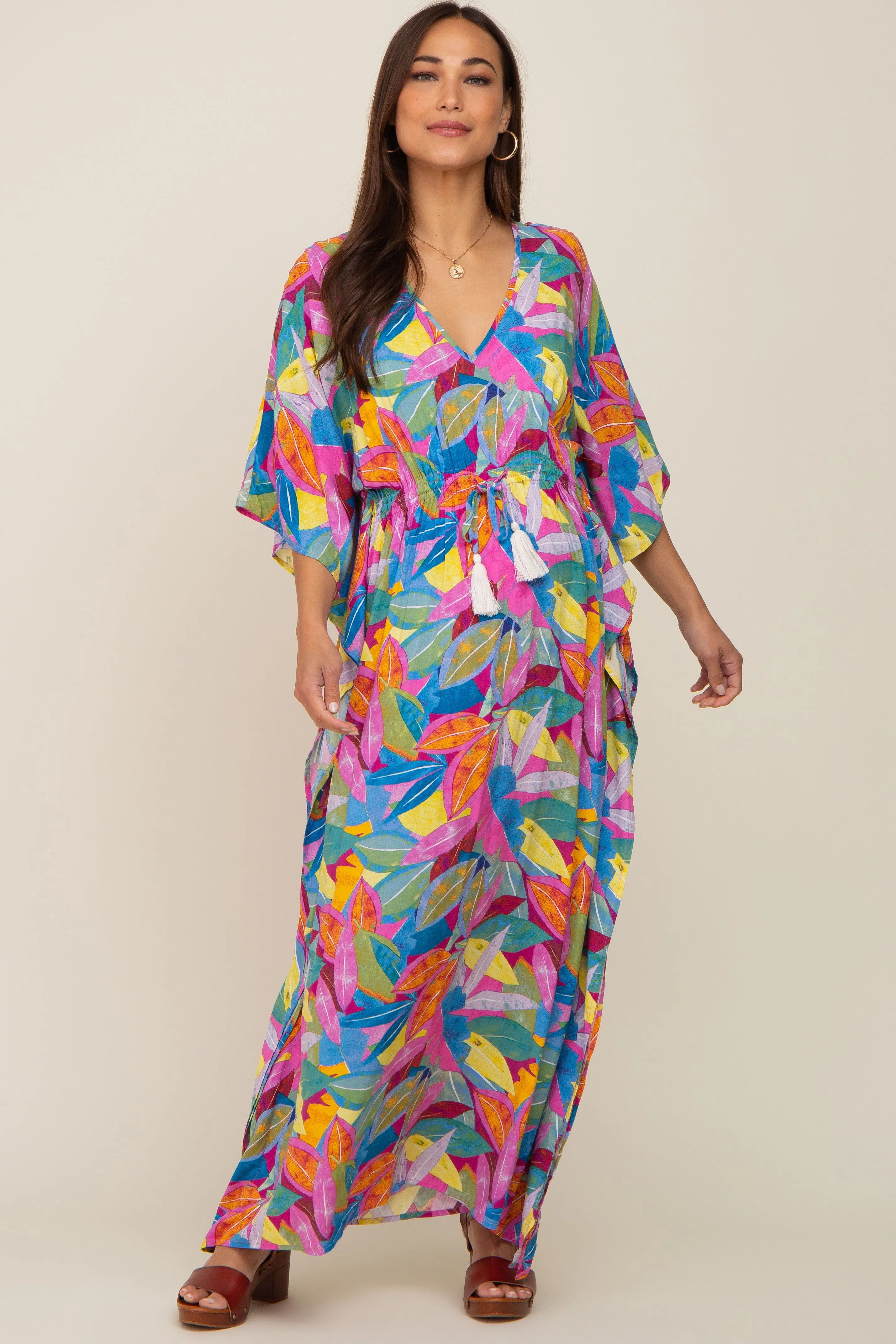 Magenta Multicolor Leaf Pint Tassel Tie Maternity Maxi Dress sold by Pinkblush product image thumbnail 4