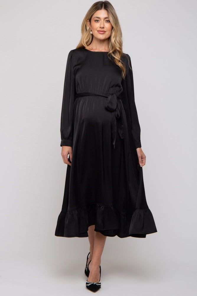 Black Satin Belted Waist Maternity Midi Dress sold by Pinkblush