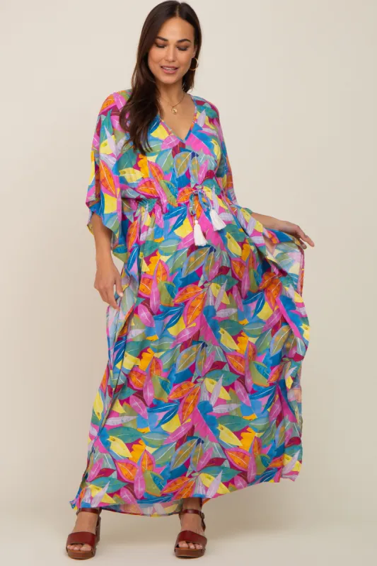 Magenta Multicolor Leaf Pint Tassel Tie Maternity Maxi Dress sold by Pinkblush