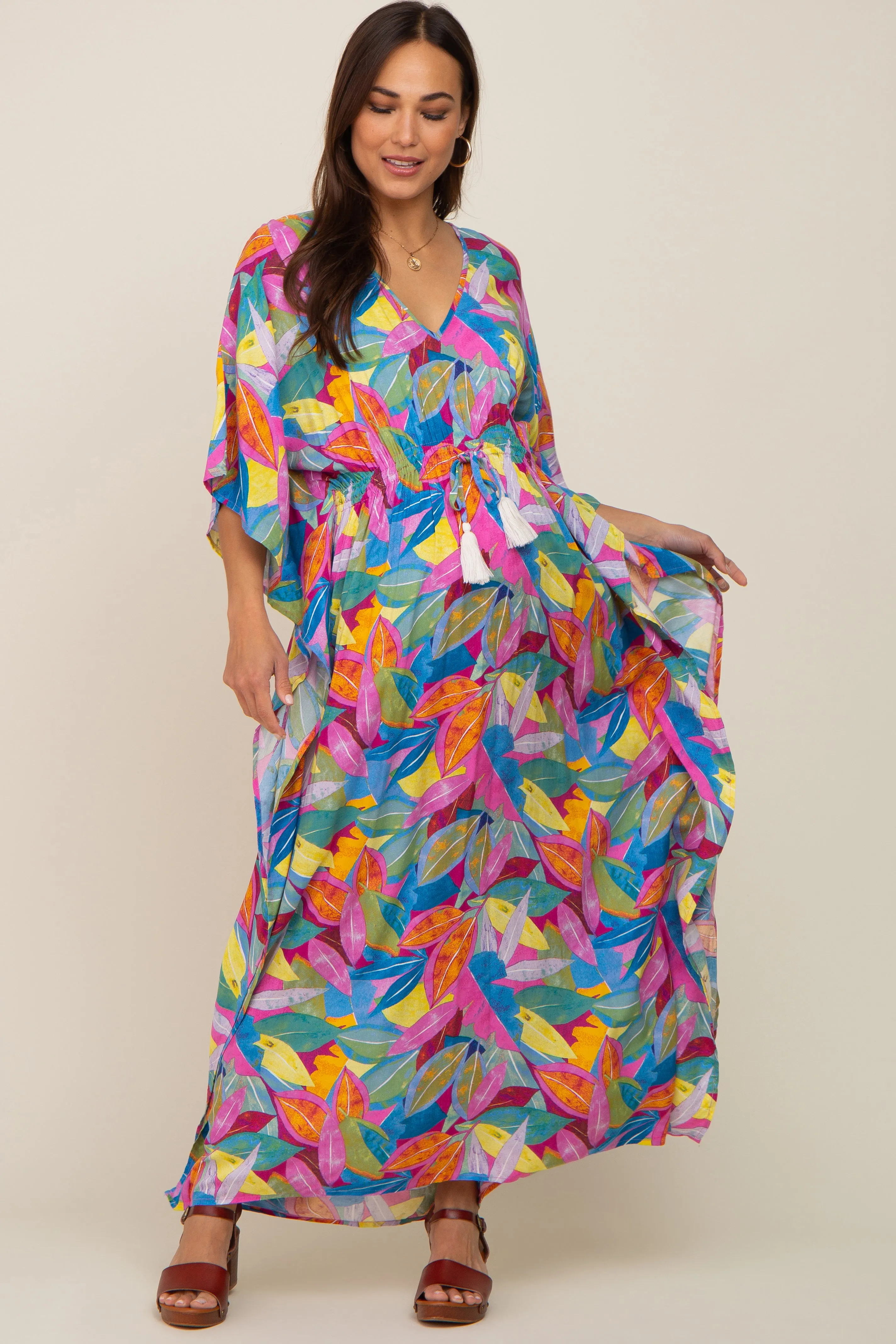 Magenta Multicolor Leaf Pint Tassel Tie Maternity Maxi Dress sold by Pinkblush