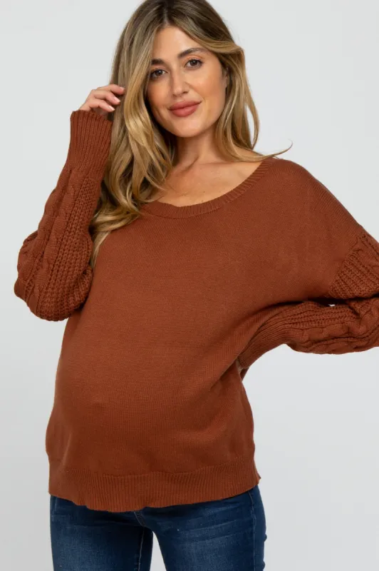 Camel Knit Braided Sleeve Maternity Sweater sold by Pinkblush