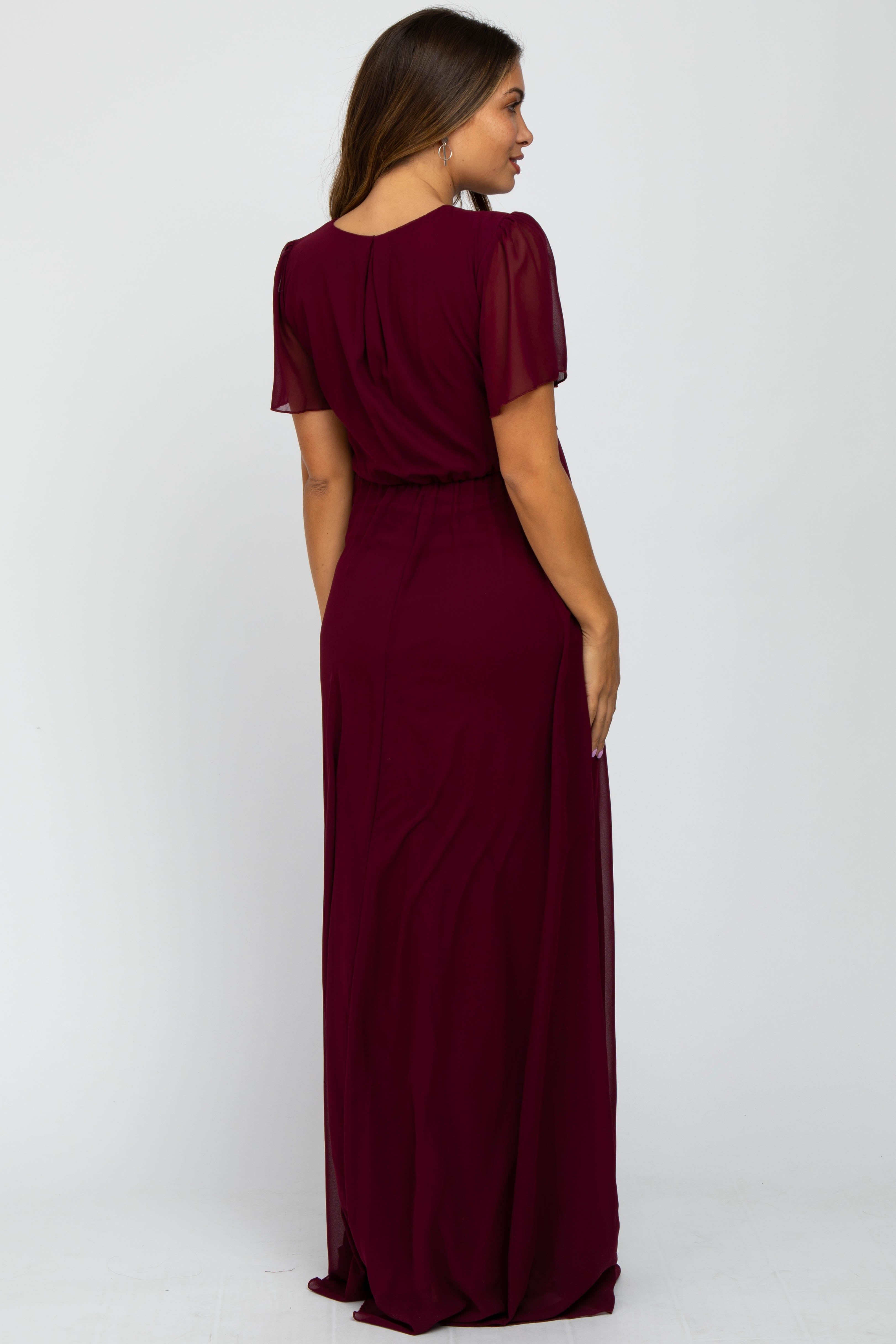 Burgundy Chiffon Short Sleeve Maternity Maxi Dress sold by Pinkblush product image thumbnail 3