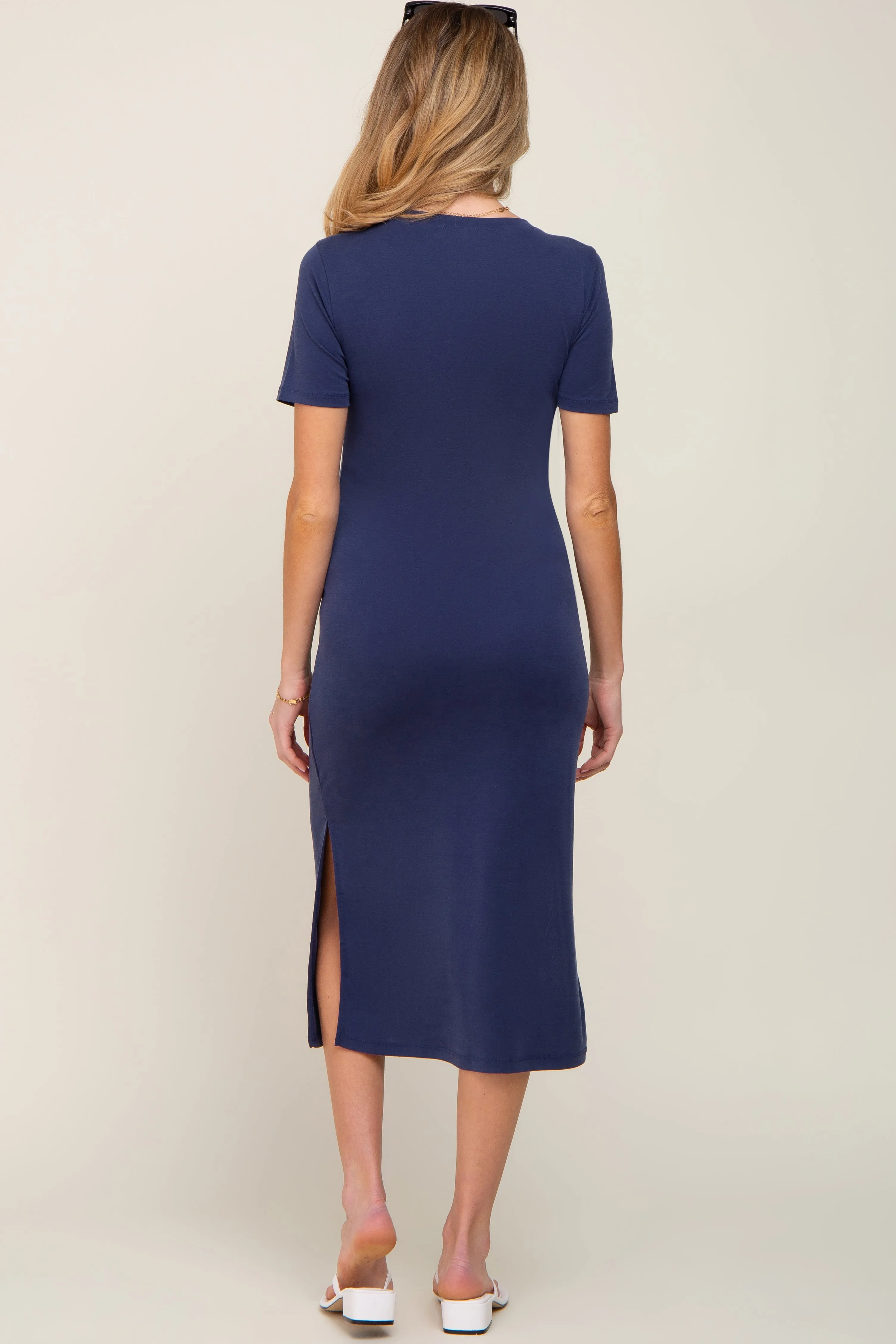Navy V-Neck Short Sleeve Side Slit Maternity Midi Dress sold by Pinkblush product image thumbnail 3