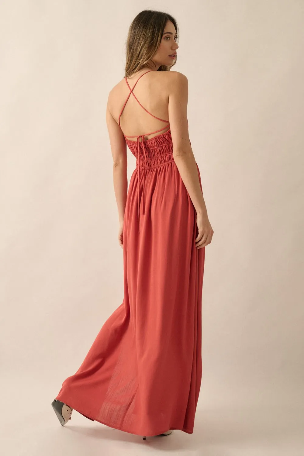 Rust Solid Gather-Bodice Straight-Neck Maxi Dress sold by Pinkblush product image thumbnail 3