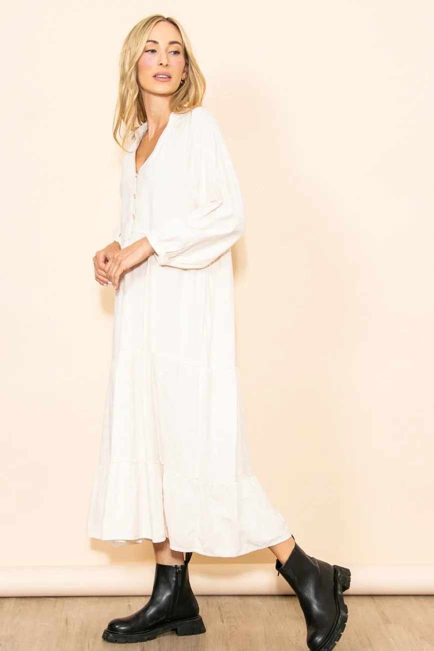 Ivory Button Front V-Neck Ruffle Tiered Midi Dress sold by Pinkblush product image thumbnail 3