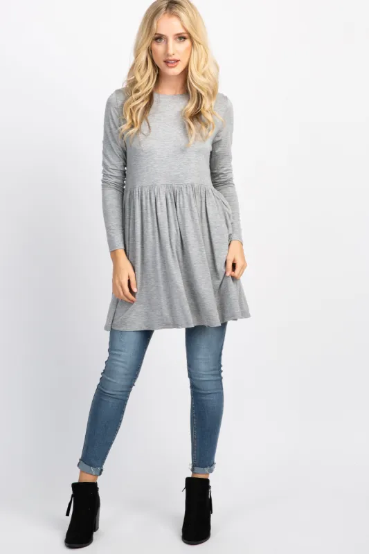 Heather Grey Solid Long Sleeve Peplum Top sold by Pinkblush