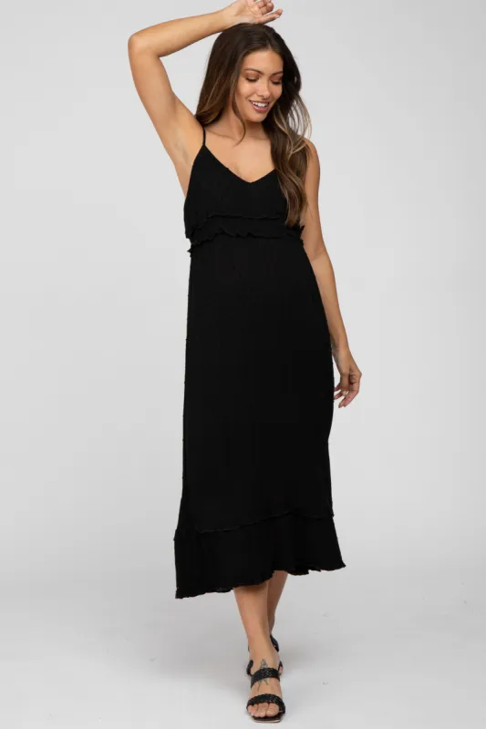 Black Swiss Dot Ruffle Accent Maternity Maxi Dress sold by Pinkblush