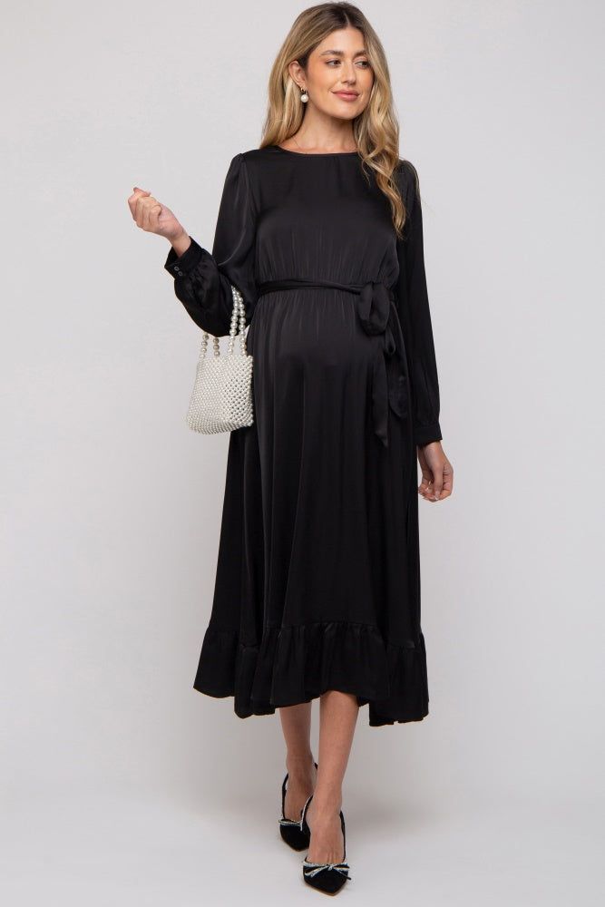 Black Satin Belted Waist Maternity Midi Dress sold by Pinkblush product image thumbnail 5