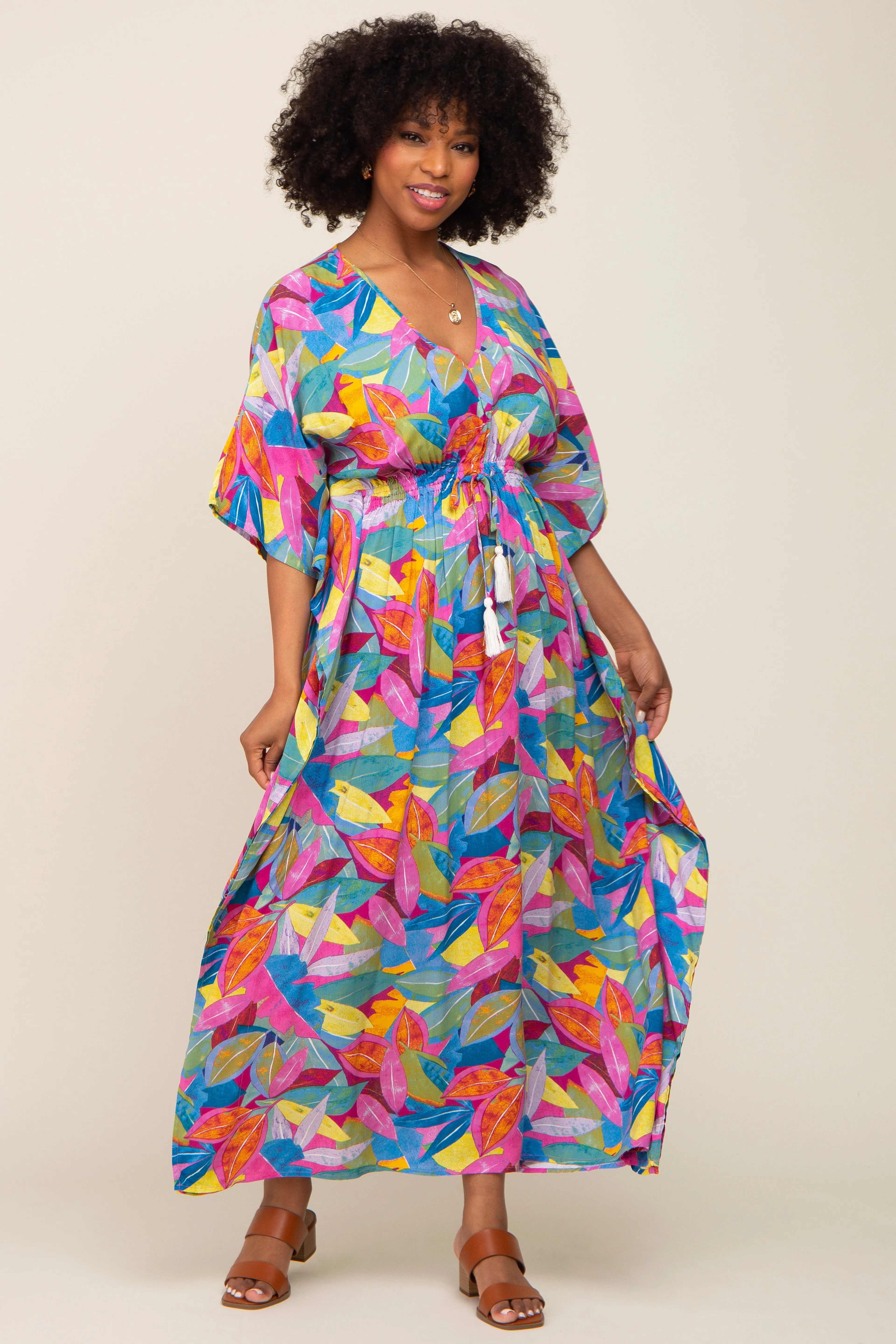 Magenta Multicolor Leaf Pint Tassel Tie Maternity Maxi Dress sold by Pinkblush product image thumbnail 5